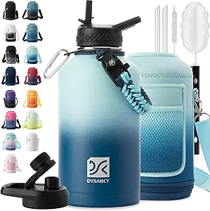 Insulated Water Bottle | Thickened Stainless Steel Vacuum Metal | Portable Sports Half Gallon Large Water Jug for Gym and Hiking with Straw, Carrier Bag, Handle Strap | BPA-Free 64 oz
