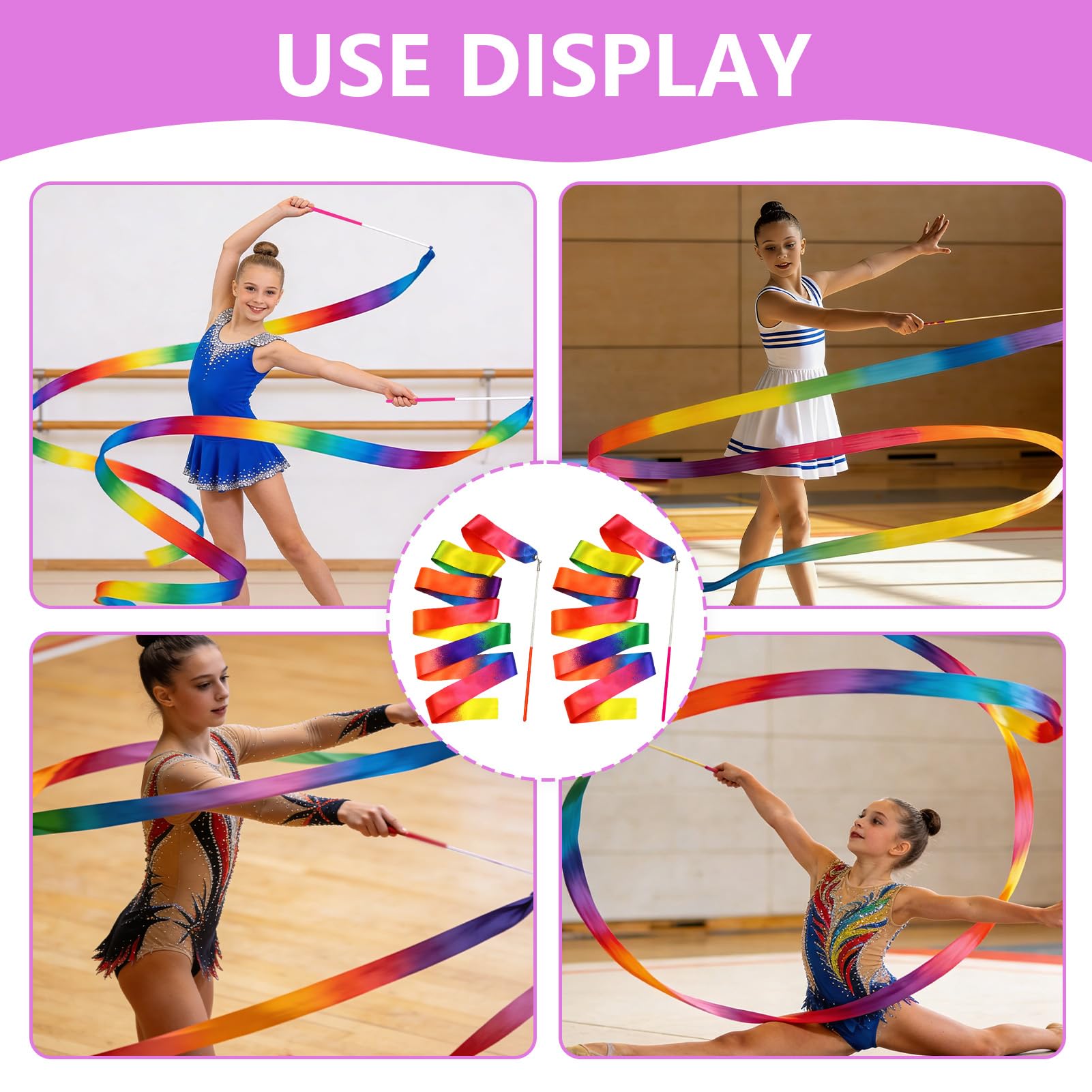 Ruban Gymnastique Rythmique 2M Nylon Durable avec Bâton 29cm, Set de 2 Pièces Multicolores