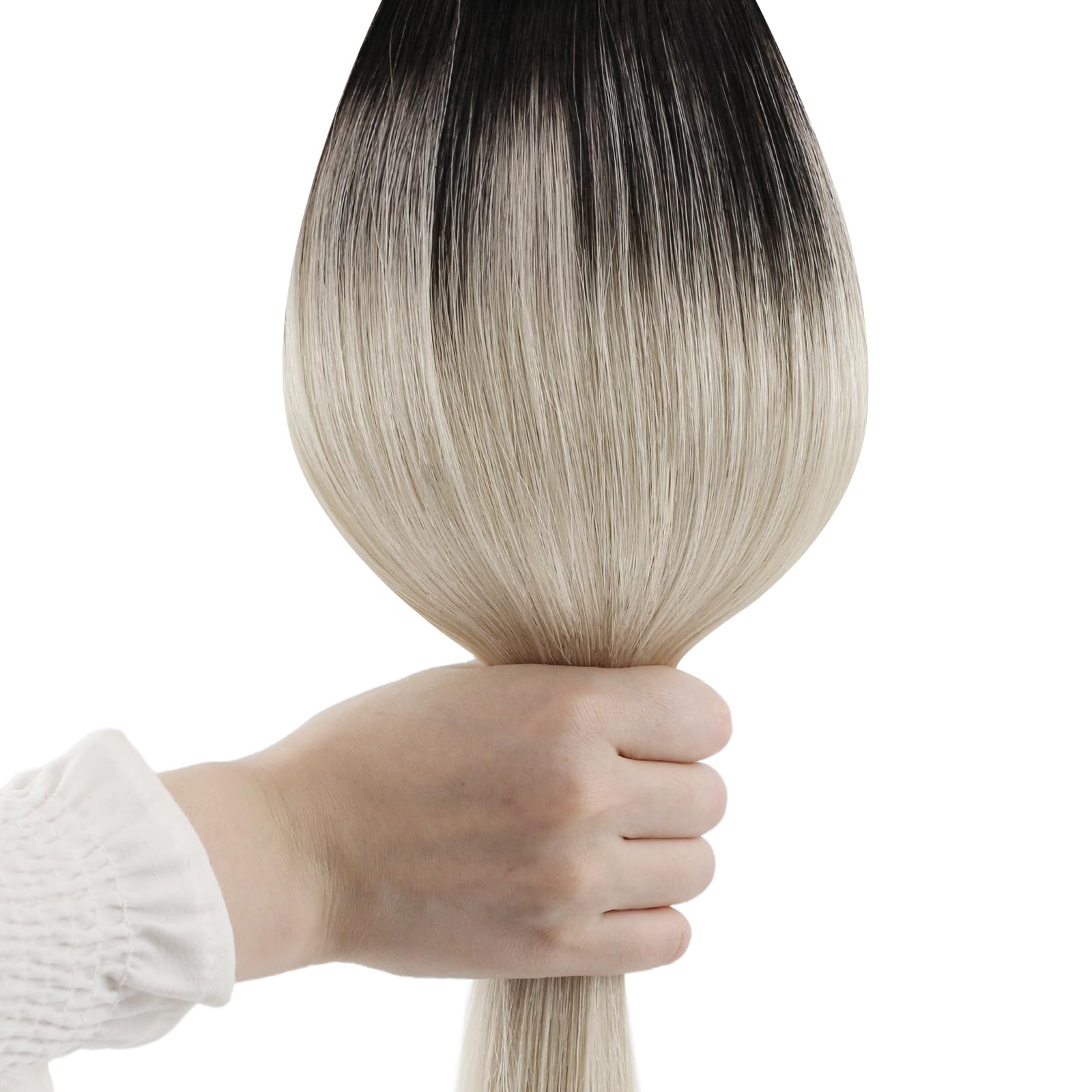 Ugeat Przedłużanie Włosów Clip in, Włosy Ludzkie, Ombre Naturalna Czerń do Blondu, 35 cm 7 sztuk 105g, Włosy Clip in Extensions Platynowy Blond, Remy Naturalne Proste