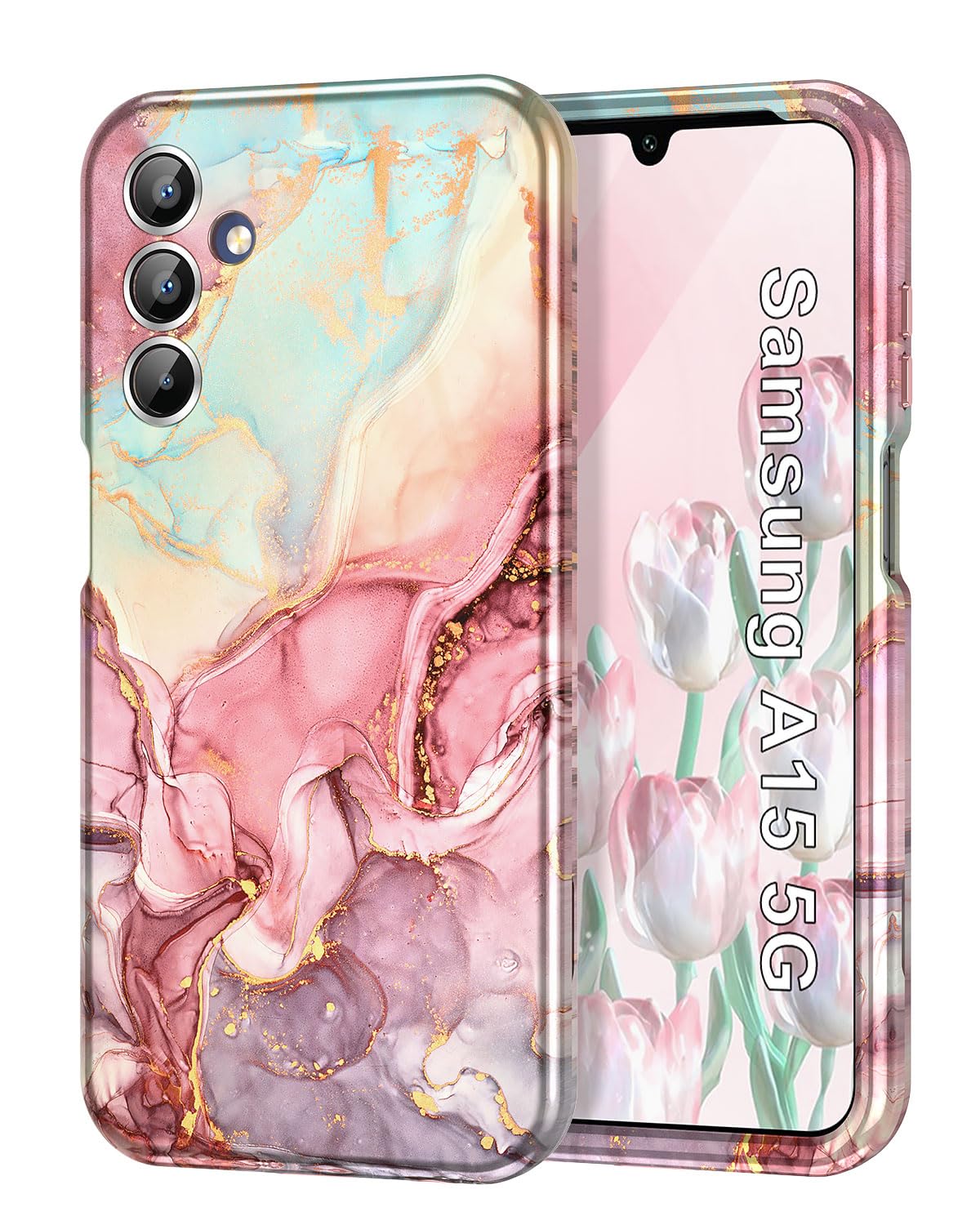 Petocase for Samsung Galaxy A15 5G Case 6.5 inch, Full Camera Lens Protector 3 in 1 Heavy Duty Full Body Shockproof Hard PC+Soft Silicone Drop Protective Women Men Marble Cover, Rose Gold