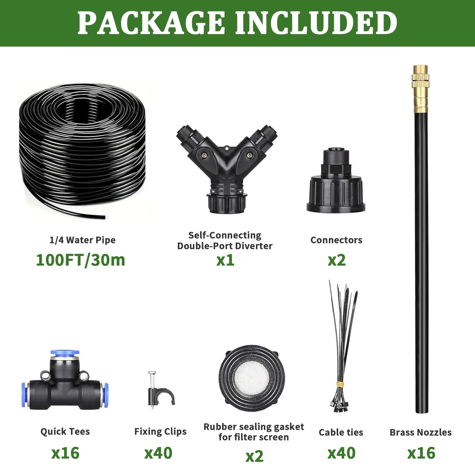 Sistema de riego por goteo de 100 pies de 1/4 pulgadas – Kit de riego por goteo y kit de riego de jardín con 16 boquillas de cobre ajustables de 360°, spray automático de niebla para camas