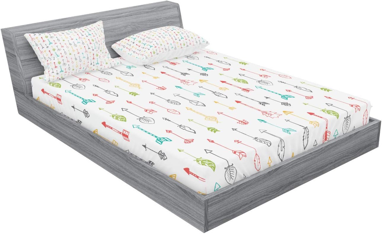 Ambesonne Arrow Fitted Sheet & Pillow Sham Set, Colorful Arrows Leaves Feathers Pattern Boho Modern Print, Decorative Printed 3 Piece Bedding Decor Set, Full, Yellow White