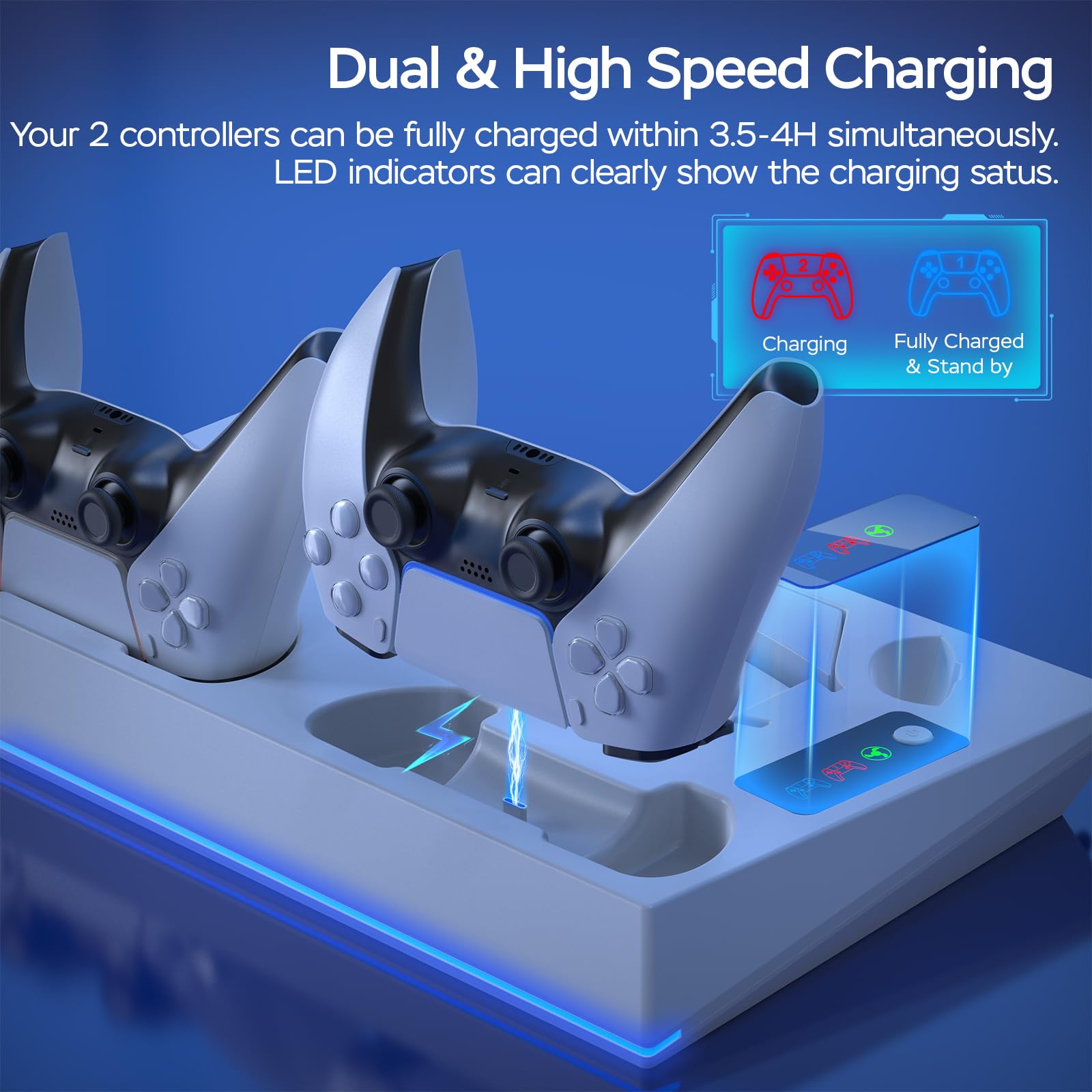 PS5 Ständer mit PS5 Controller Ladestation und 3 Stufig PS5 Lüfter für PS5 Digital/PS5 Disc, 4 in 1 PS5 Standfuß PS5 Kühler PS5 Ladestation Headset/Fernbedienung Halterung PS5 Zubehör mit Ladekabel