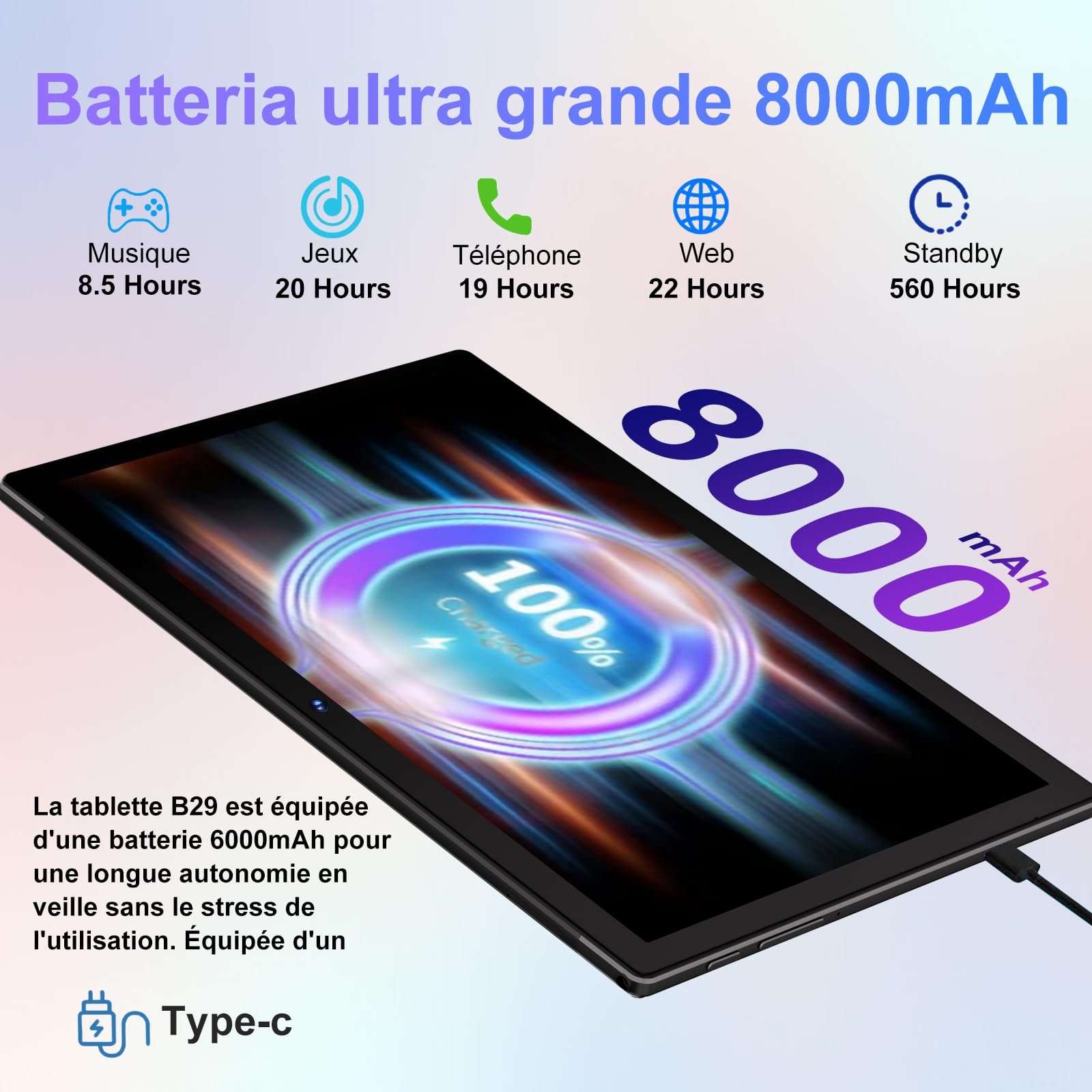 2026 Dernière Tablette Android Gemini AI, Tablette 10 Pouces 22Go RAM + 128Go ROM(TF 2To), avec 5G WiFi Octa-Core 2.0GHz, 8000mAh, GPS, Widevine L1, Tablette Tactile Noir