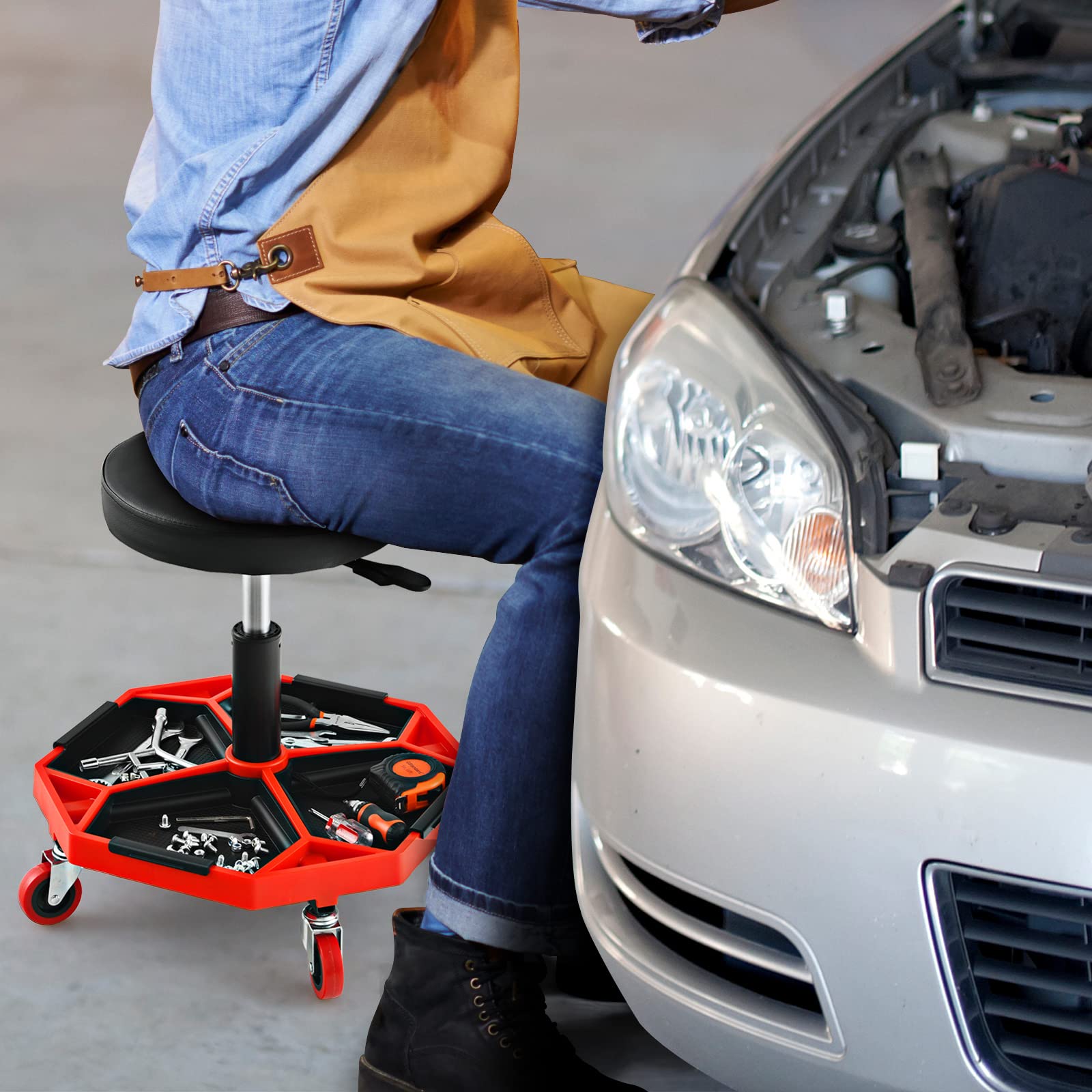 GYMAX Tabouret d'Atelier à roulettes, Charge Max 150KG, Tabouret à roulettes Réglable avec Rangement d'Outils, Siège Pivotant de Mécanicien pour Garage/Atelier, Noir et Rouge