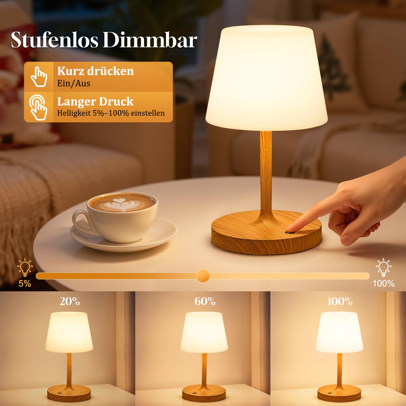 LED Tischlampe Kabellos, Nachttischlampe Touch, Tischlampe Kabellos Akku mit Stufenlos Dimmbar & Memory Funktion, Touch Nachttischlampe Dimmbar für Schlafzimmer, Café, Outdoor, Holzmaserung