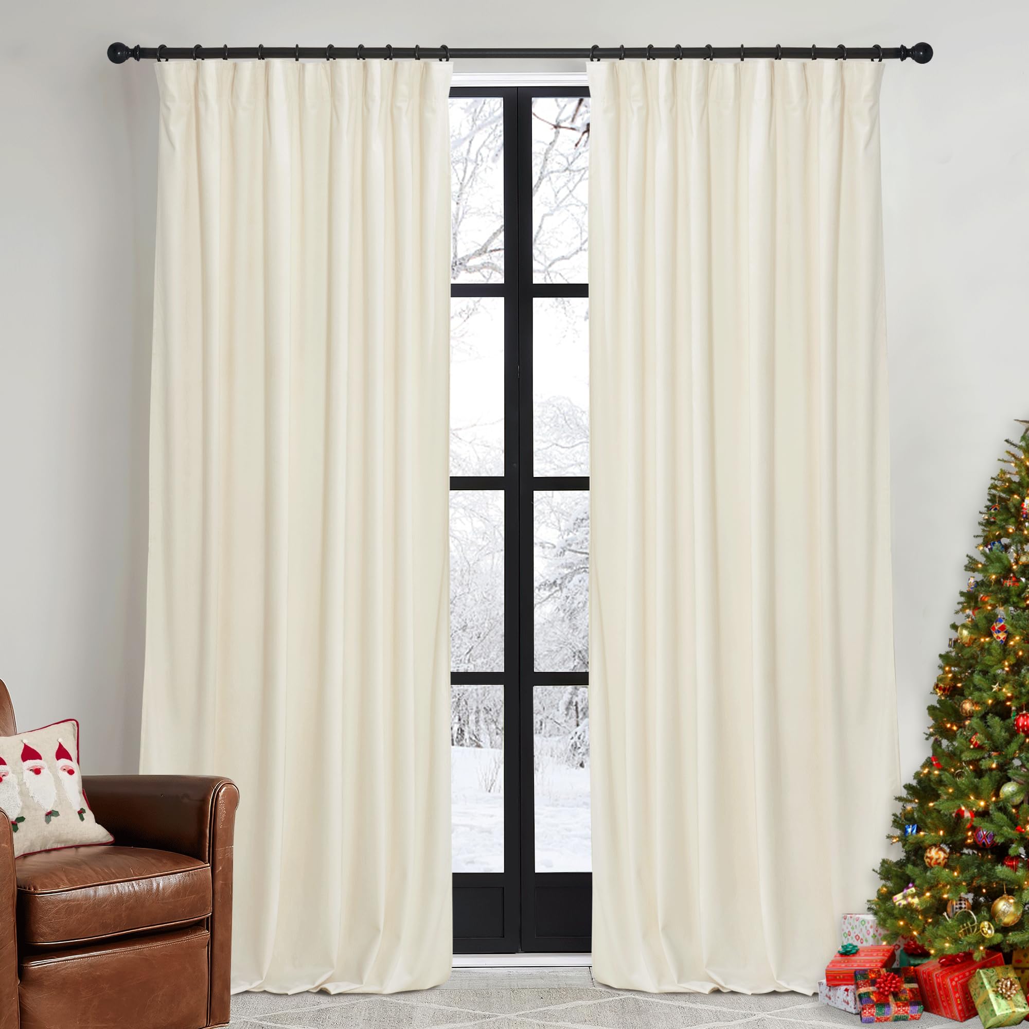 RYB HOME Cream Velvet Curtains 84 inch, Light Dimming White Window
