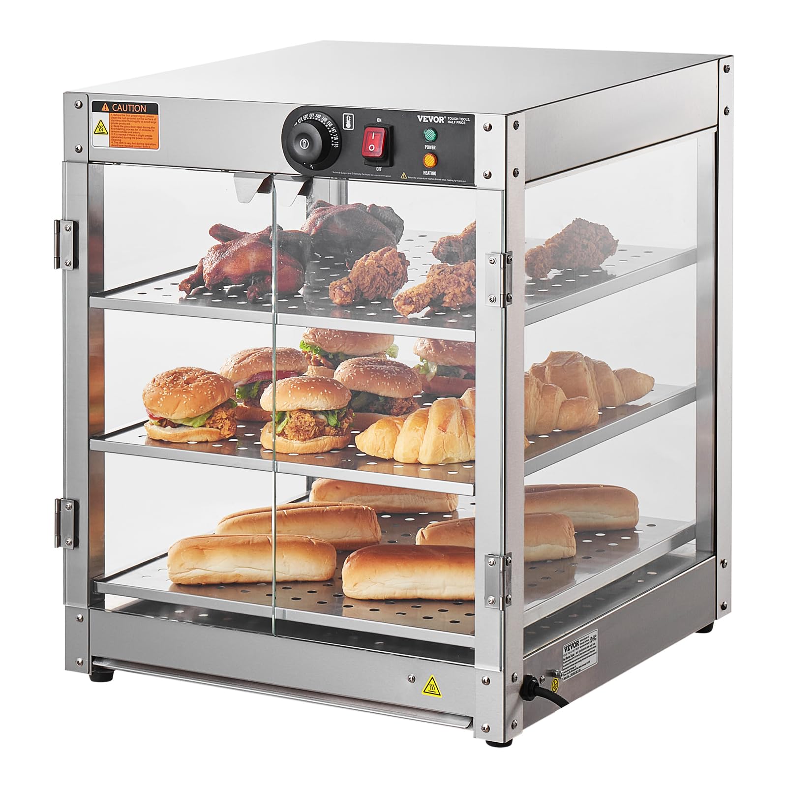 vevor 3-tier commercial food warmer display, 800w food display warmer with light to enhance food display, 86?~185? temperature control, 90l large capacity for hamburger, pizza, bread, fried chicken