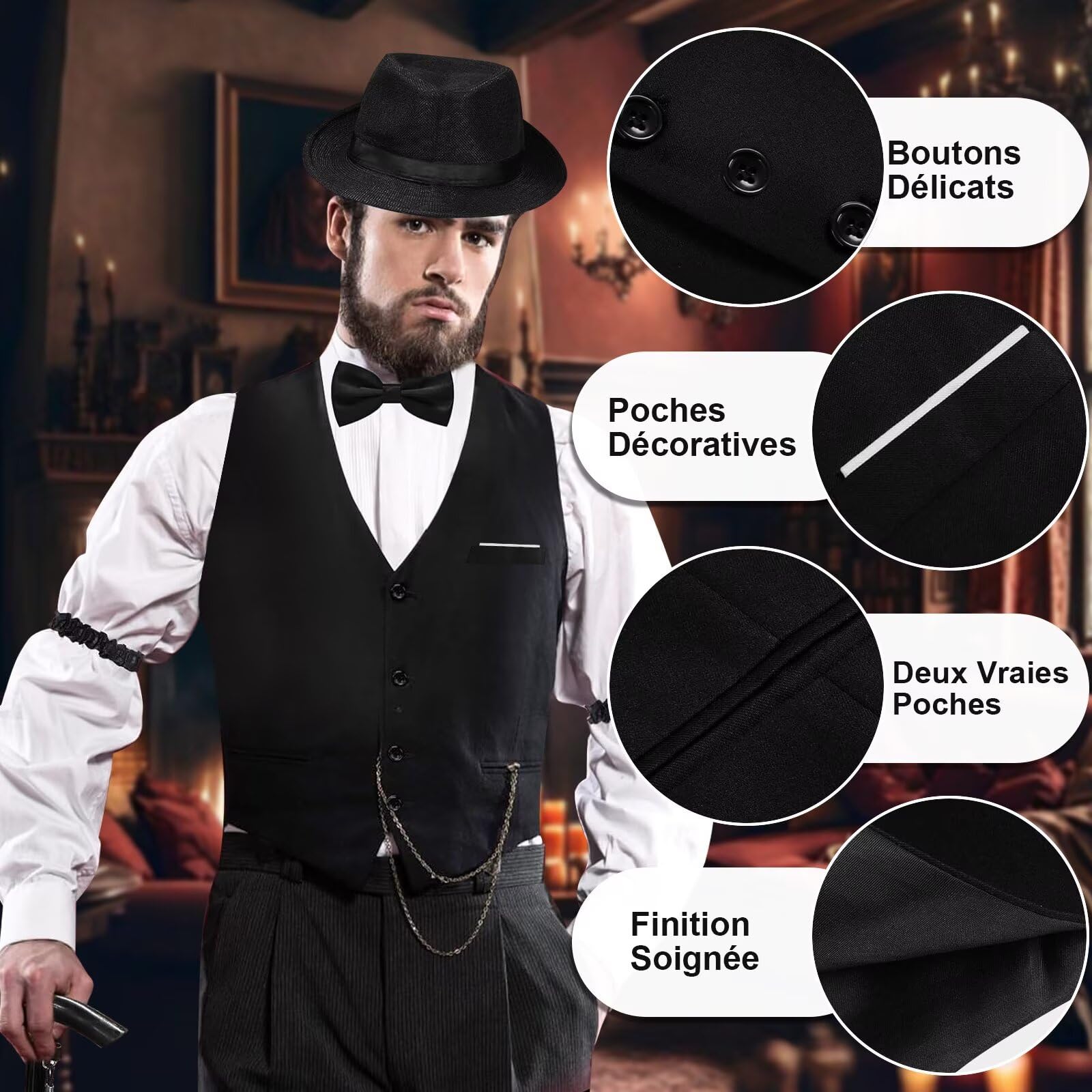 yecwkaz Accessory 20 Men's 1920s Costume Accessories Set including Waistcoats Tie Watch Costume Man 1920s for Carnival Halloween Cosplay Party - Image 3