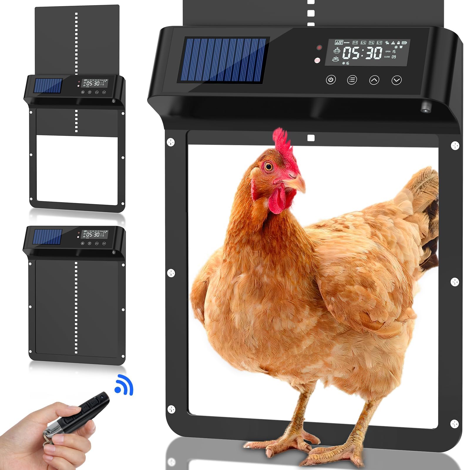 Profey Solar Powered Automatic Chicken Coop Door, LCD Display, 4 Modes, Waterproof, Aluminum Alloy, Remote Control, AA Battery Operated, 9.2x10.7x9.2 inches