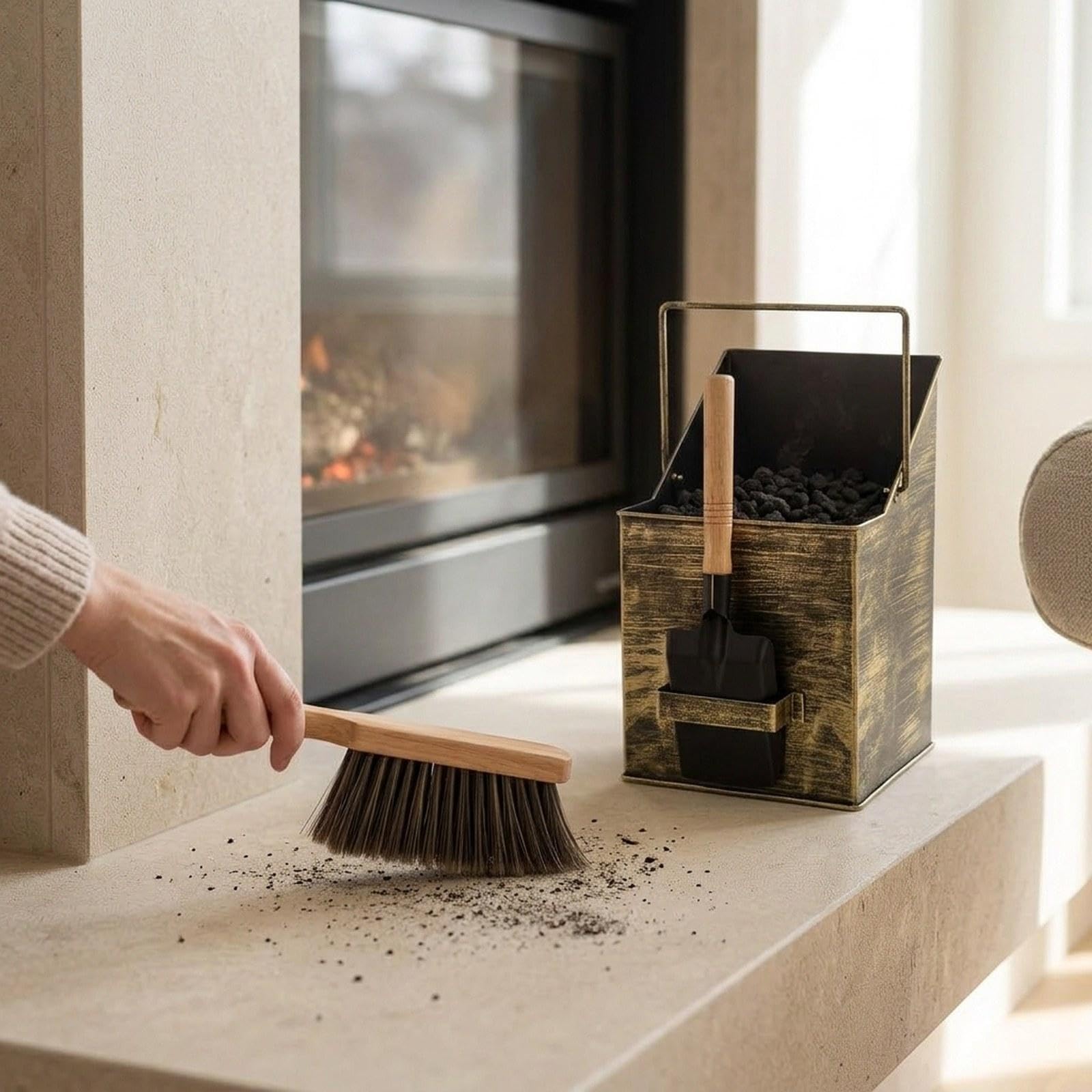 predolo Secchio per cenere da con manico, leggero, in metallo, per uso domestico, esterno, ideale per caminetto, cucina, o altri spazi esterni, Spazzola a Pala in Bronzo