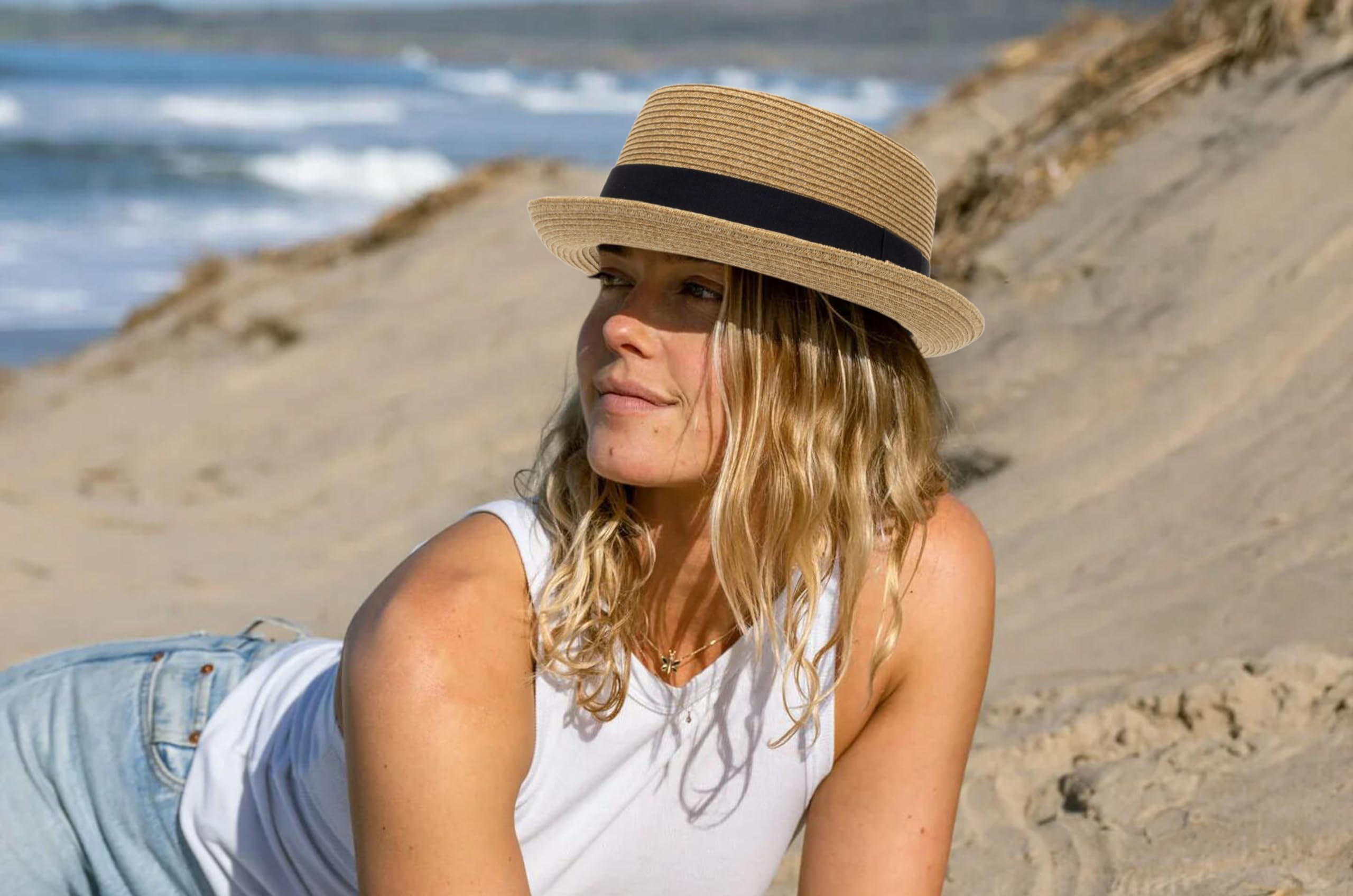 Sombrero de paja para el sol de los años 20 con parte superior plana, sombrero estilo fedora para hombre, mujer, unisex