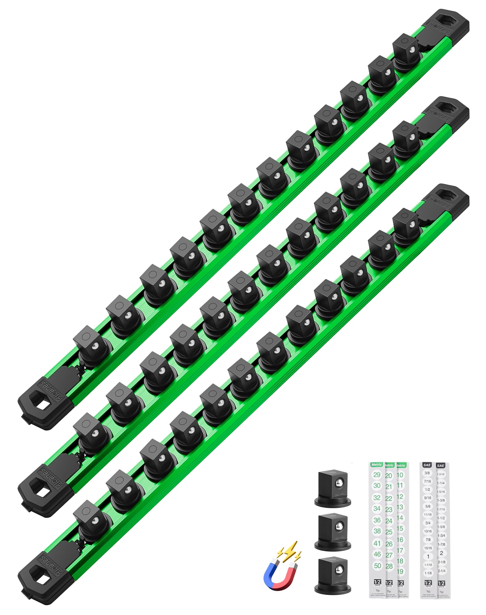ALOANES Magnetic Socket Organizer, 1/2" Rail 36 Clips (Green, 3PC)