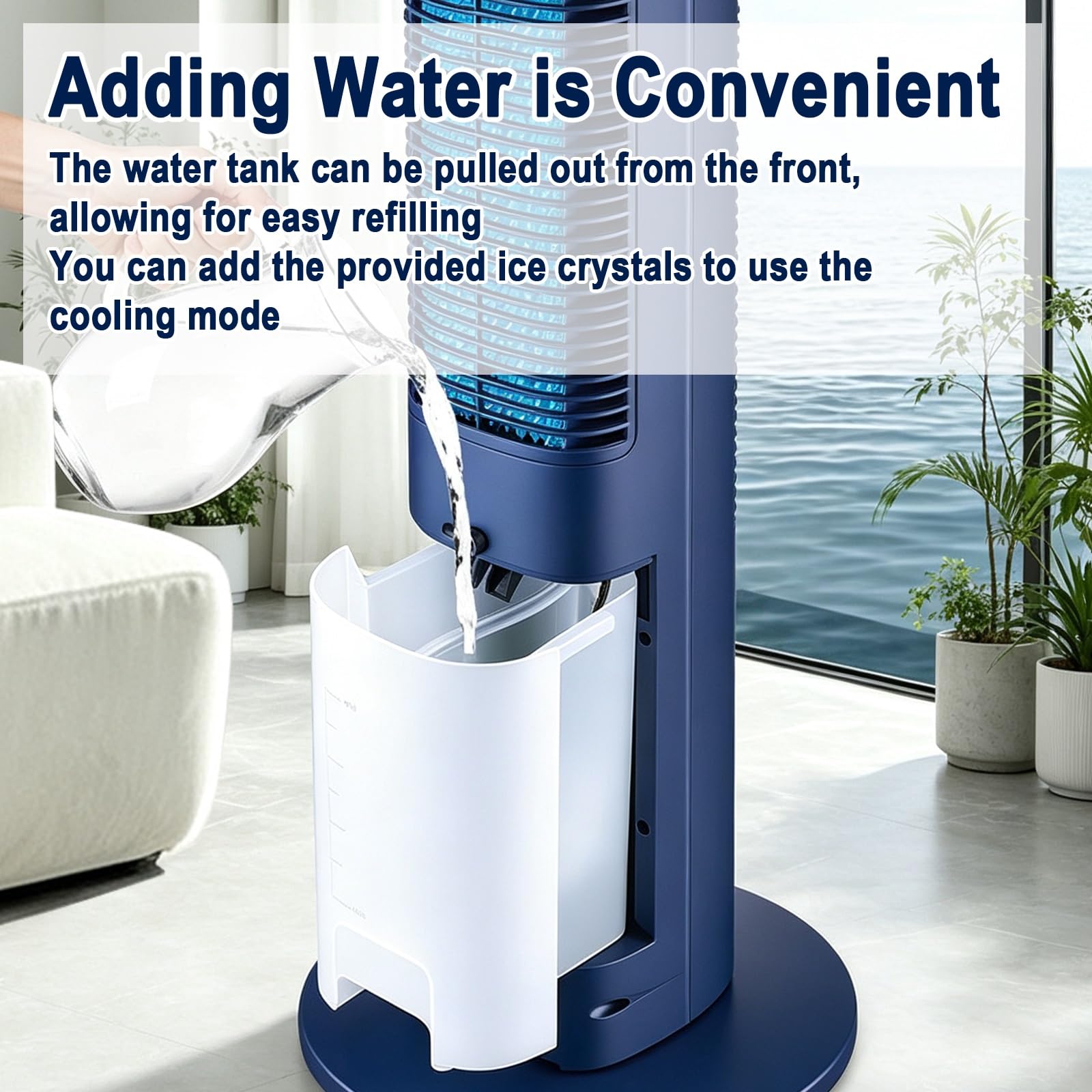 Ventilador Columna, Ventilador de Pie Silencioso, 30W, Oscilación de 80° | Ventiladores de Torre, 3 Velocidades, 3,6L, Refrigeración con Cristales de Hielo, para Hogar, Altura 100cm