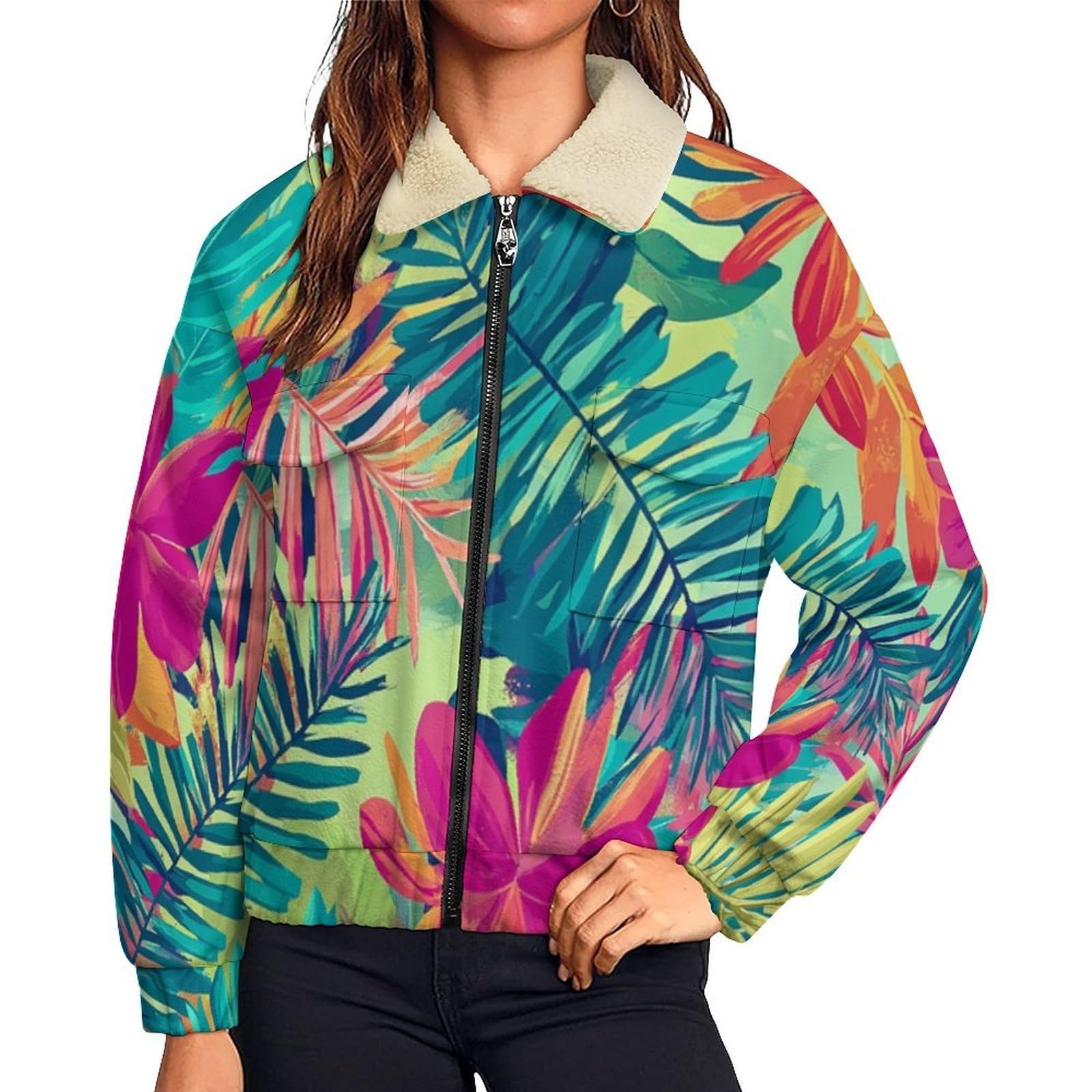 Giacca da Donna Pile con Zip, Giacche Giacca piante tropicali Teddy Versione, Loose del astratto Cappotto a Maniche Lunghe Autunno e Inverno Caldo Cappotto