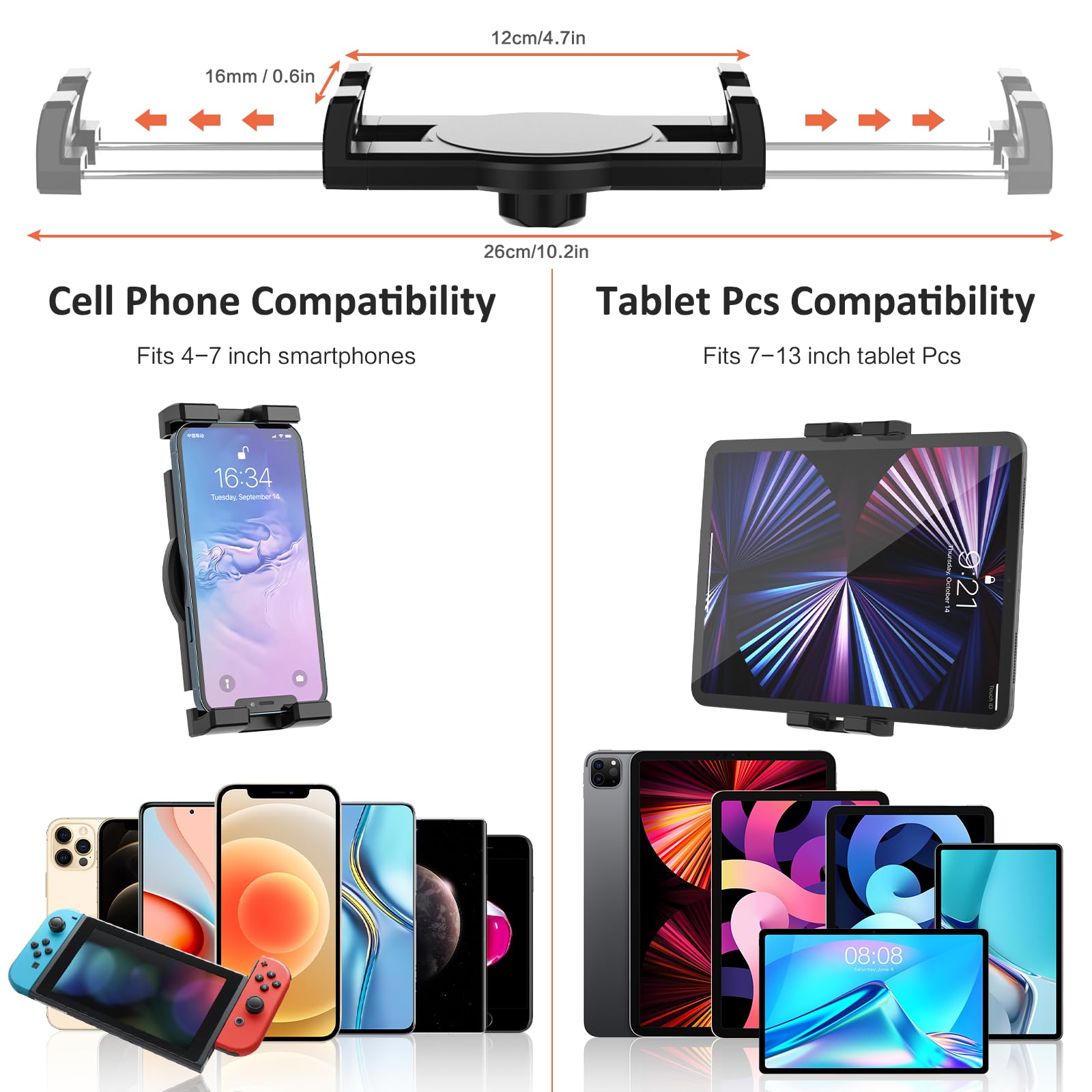 Oilcan Porta Tablet Tapis Roulant, Collo Oca Supporto Tablet Manubrio Bicicletta Ellittica Passeggino Sedia Rotelle con Braccio Regolabile, per iPad Pro Air Pro, Lenovo, Fire, iPhone (4-12.9")