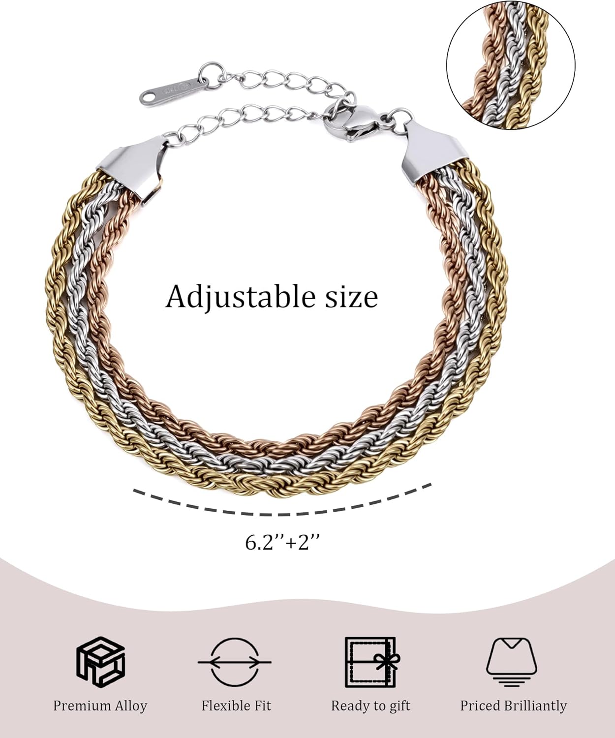 Dainty Gold Chain Bracelet for Women, 3-Layer Stackable Chain Bracelet in Gold Silver Rose Gold, Adjustable Multi-Layer Gold Stainless Steel Jewelry, Minimalist Rope Chain for Women Trendy Gift Christmas Jewelry - Image 4