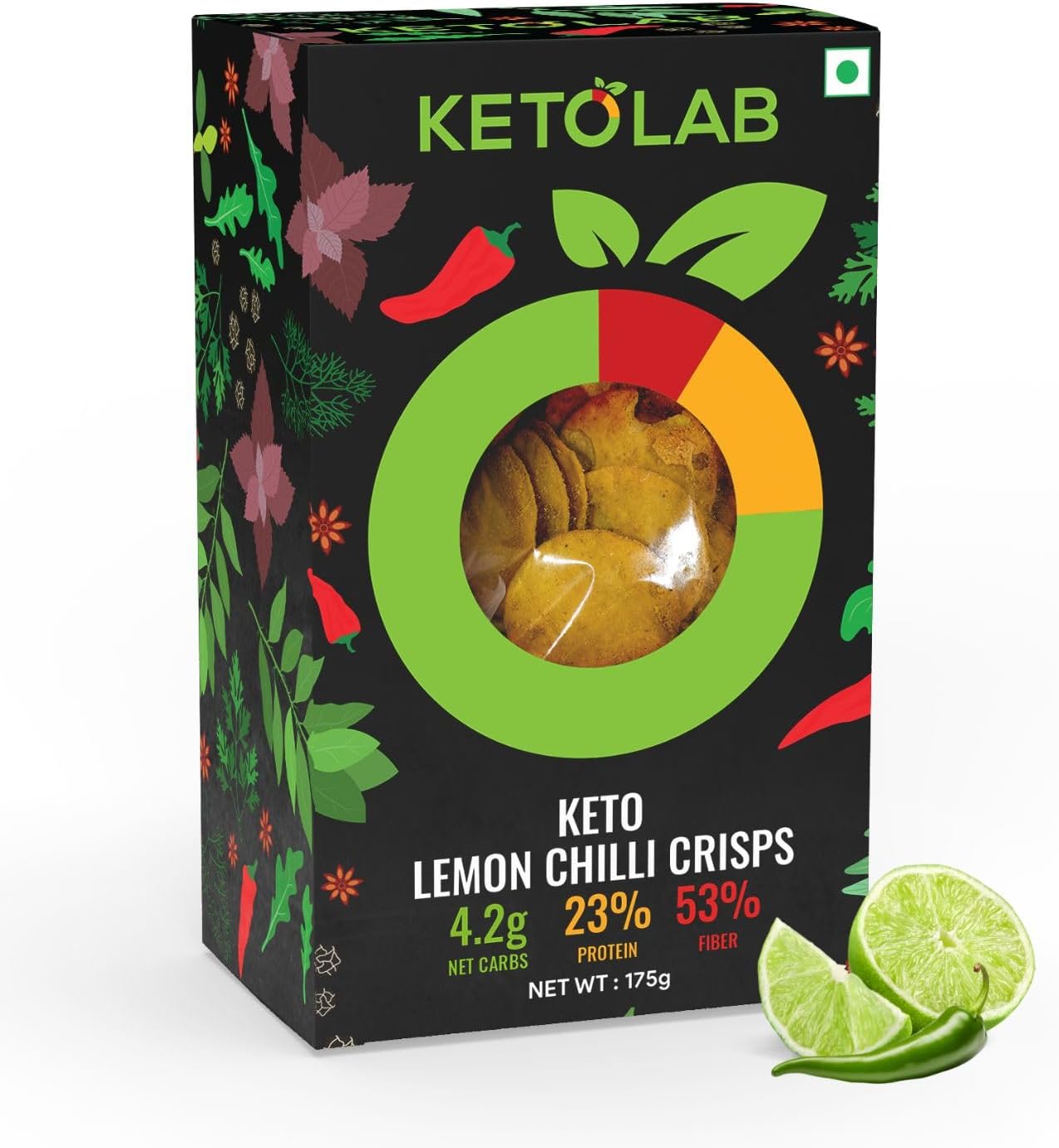 Ketolab Keto Lemon Chilli Crisps, 175 Gms (Pack of 2) 4.2g Net Carb & 23% High Protein/Serving, Identical to Regular Crisps, Low Carb, High Fibre, Low GI, Keto Diet, Weight Loss, Diabetic Friendly