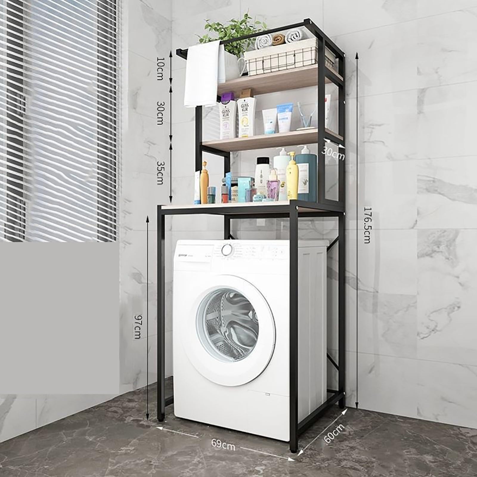 Waschmaschine überbau Regal 3-lagiges Waschmaschinen-Aufbewahrungsregal Platzsparer Badregal Ausgestattet mit Kleiderstange Verbesserte Materialien, starke Tragfähigkeit Einfache Montage B