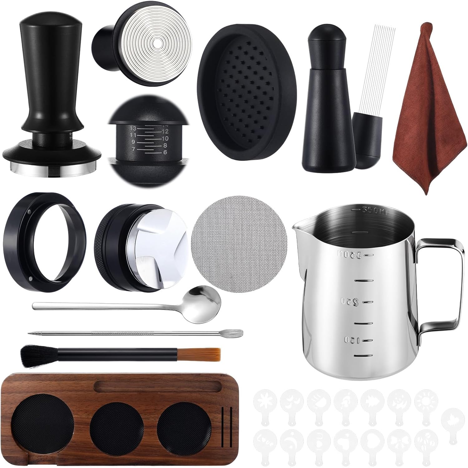 13 Pcs Espresso Accessories Set 51mm Tamper WDT Espresso Distribution TOOL Kit Frothing Pitcher, Mat, Latte Art Pen, Sandalwood Tamping Station, Barista Towel, Brush and Decorative Stencils