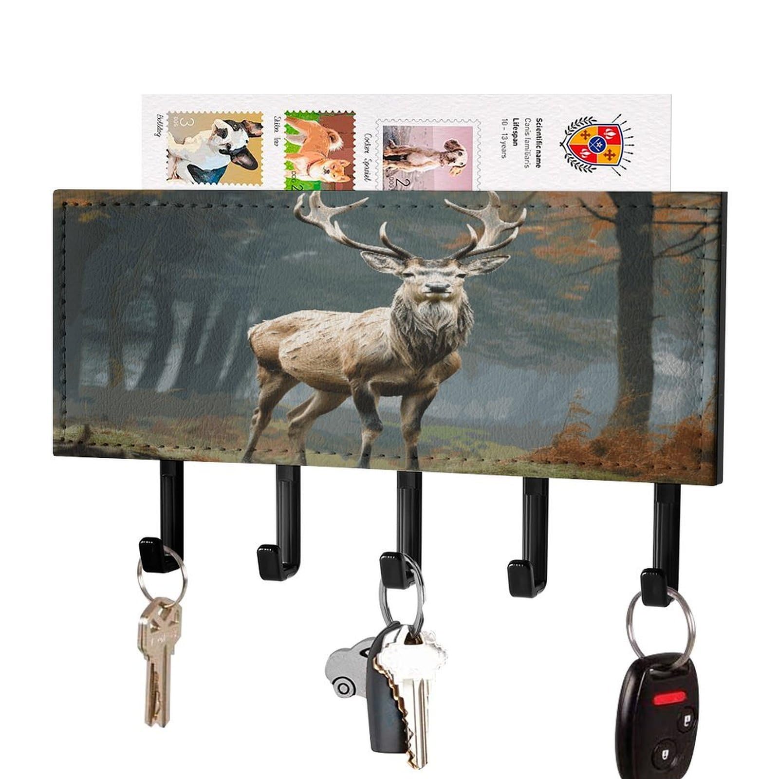 JTREHY Deer Animals Key Holder Wall Mount Decorative Key and Mail Holder PU Leather Adhesive Key Organizer Hanging Key Hooks Wall Shelf with 5 Hooks for Entryway Hallway Office