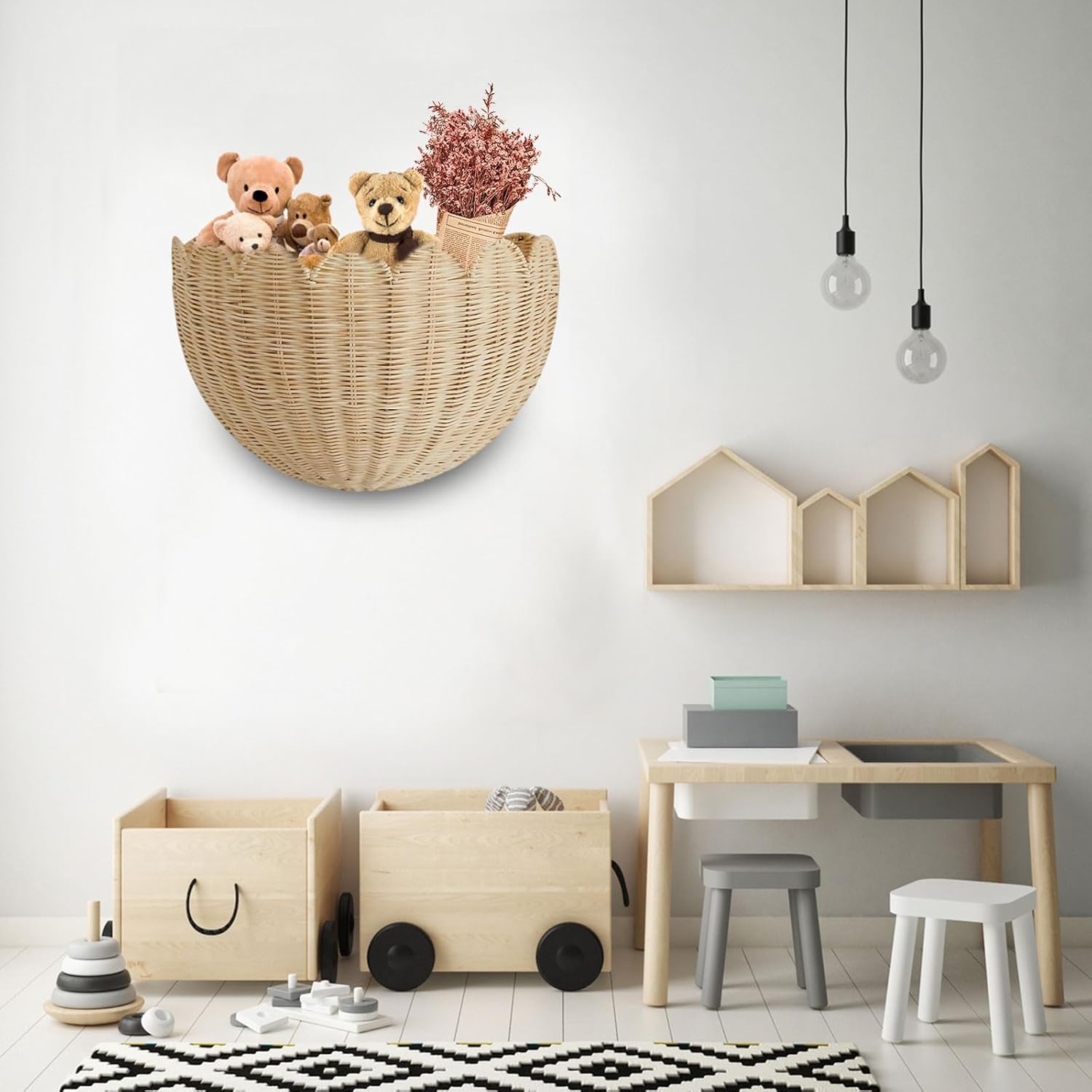 Panier mural en rotin tressé - Style bohème - Panier de rangement décoratif pour salon, cuisine, chambre d'enfant, salle de bain, chambre à coucher, couloir - Grand x 2