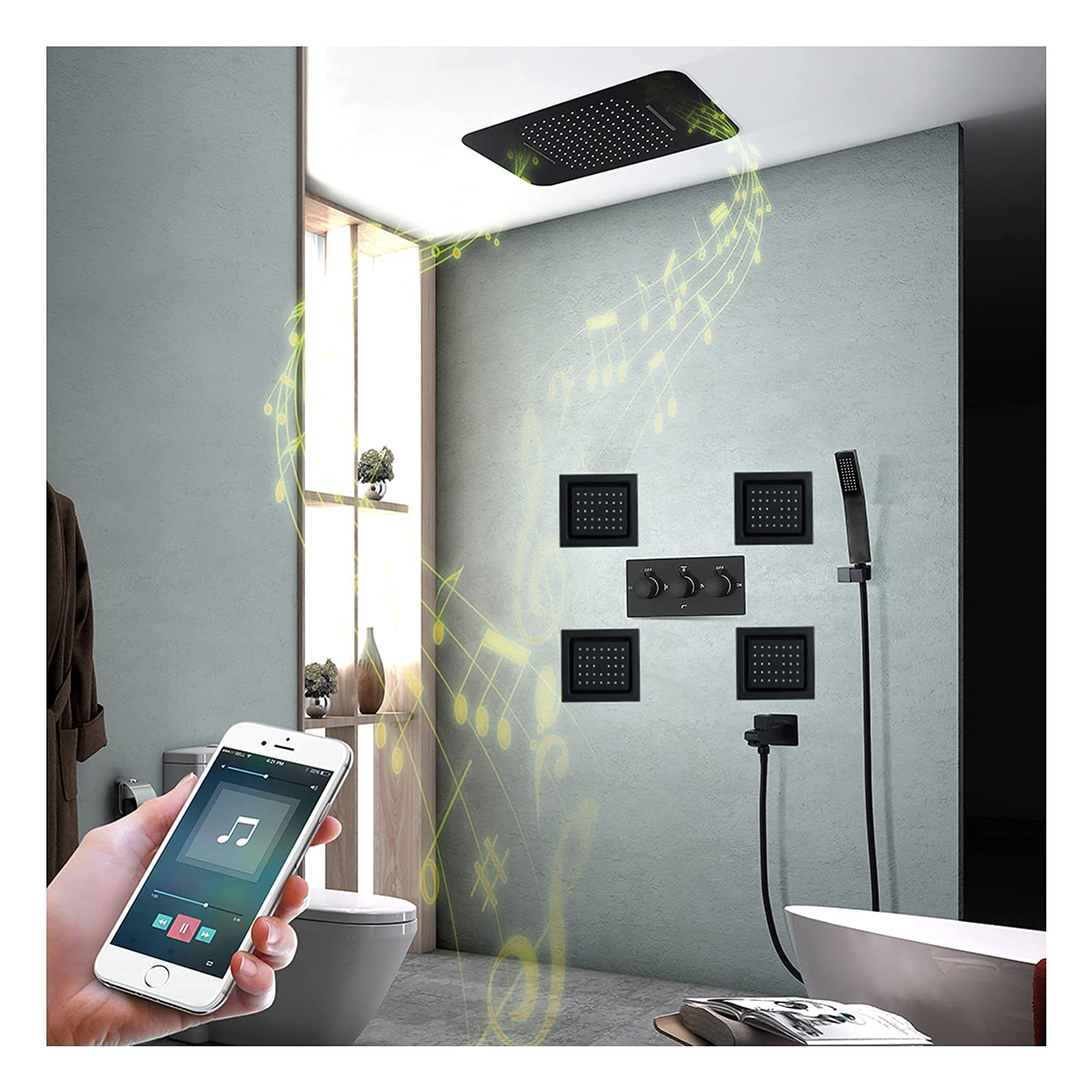 Music 64 Colors Led Shower Combo Set Ceiling Mounted Black Bathroom Shower Faucet Set with Shower Head, Handheld Shower, Body Jets, Bathtub Faucet,Mobile Phone Control, LANHUAJ, Touch Screen Contro