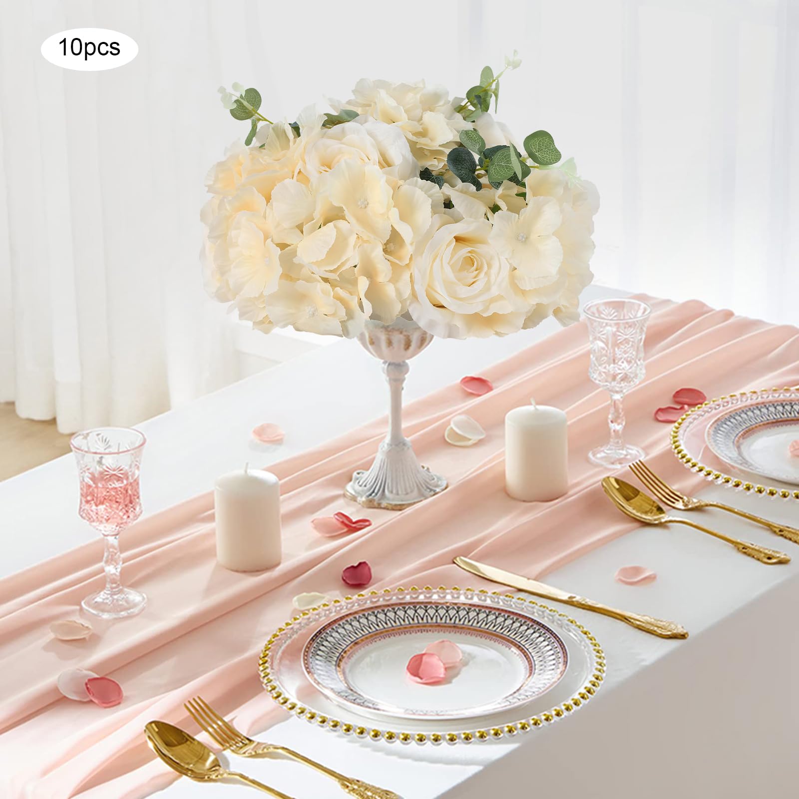 Künstliche Rosen Blumenkugeln 10 Stück 40cm Champagner, Hochzeit | Stoff & Kunststoff, 40x20cm, Basis 20cm, für Tisch & Wand, pflegeleicht, wiederverwendbar, Hochzeitsdeko, Partydeko, Geschenk