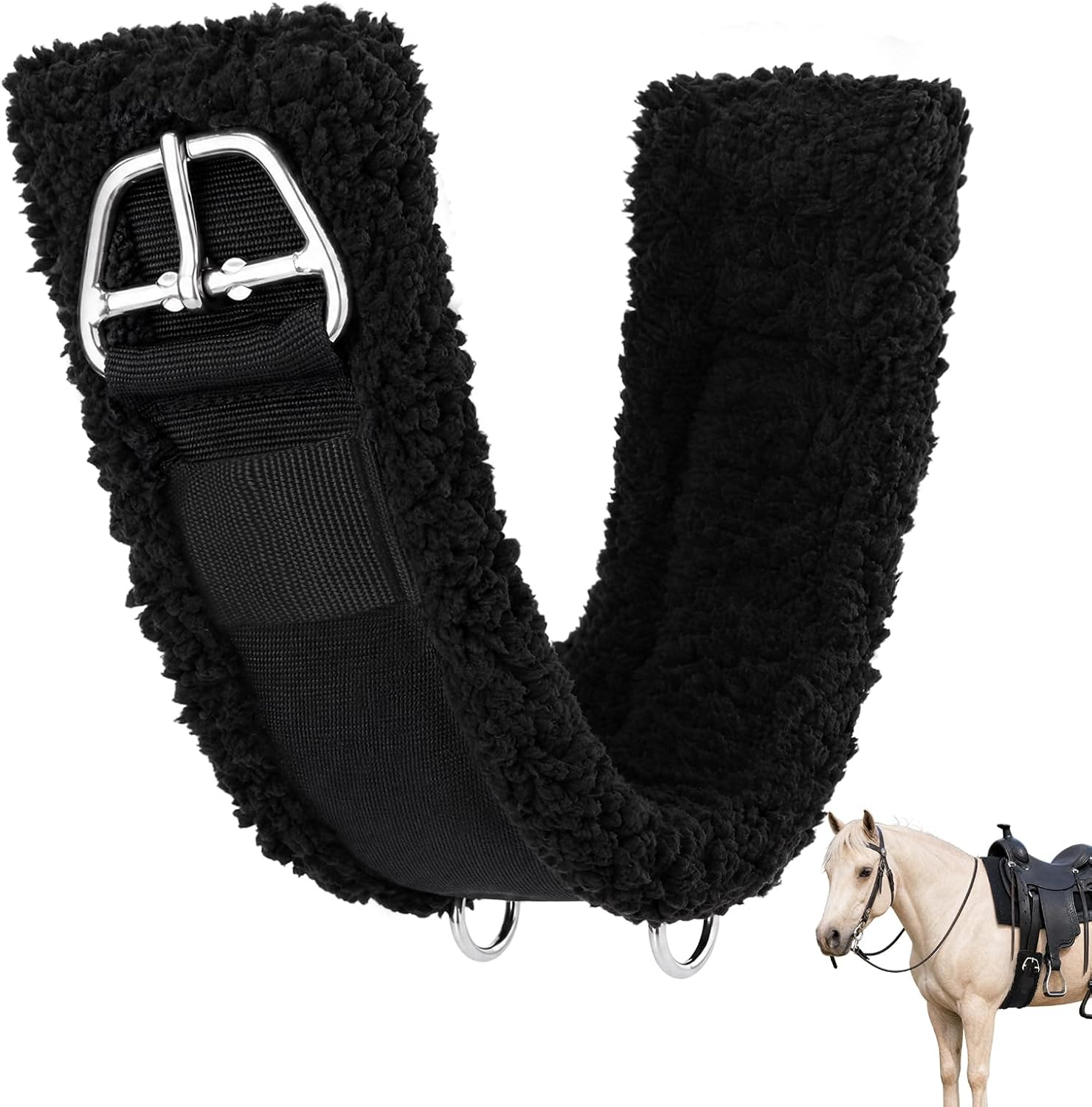 Western Cinch for Horses, 1.3" Thick Soft Fleece Lined Saddle Cinch Girth | Anti-Slip Nylon Webbing with Stainless Steel Buckles, Western Horse Riding Supplies, Black, 28", 30", 32", 34"