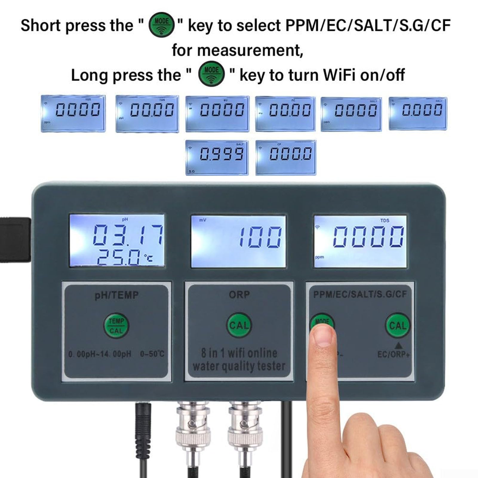 8-in-1 Wasserqualitätstester, Multi-Parameter-Wasseranalysator, WiFi 8-in-1 Wasserqualitätstester, Smart PH ORP TDS EC Salt S. G Temp CF Aquarium Wasserqualitätstester Datenlogger