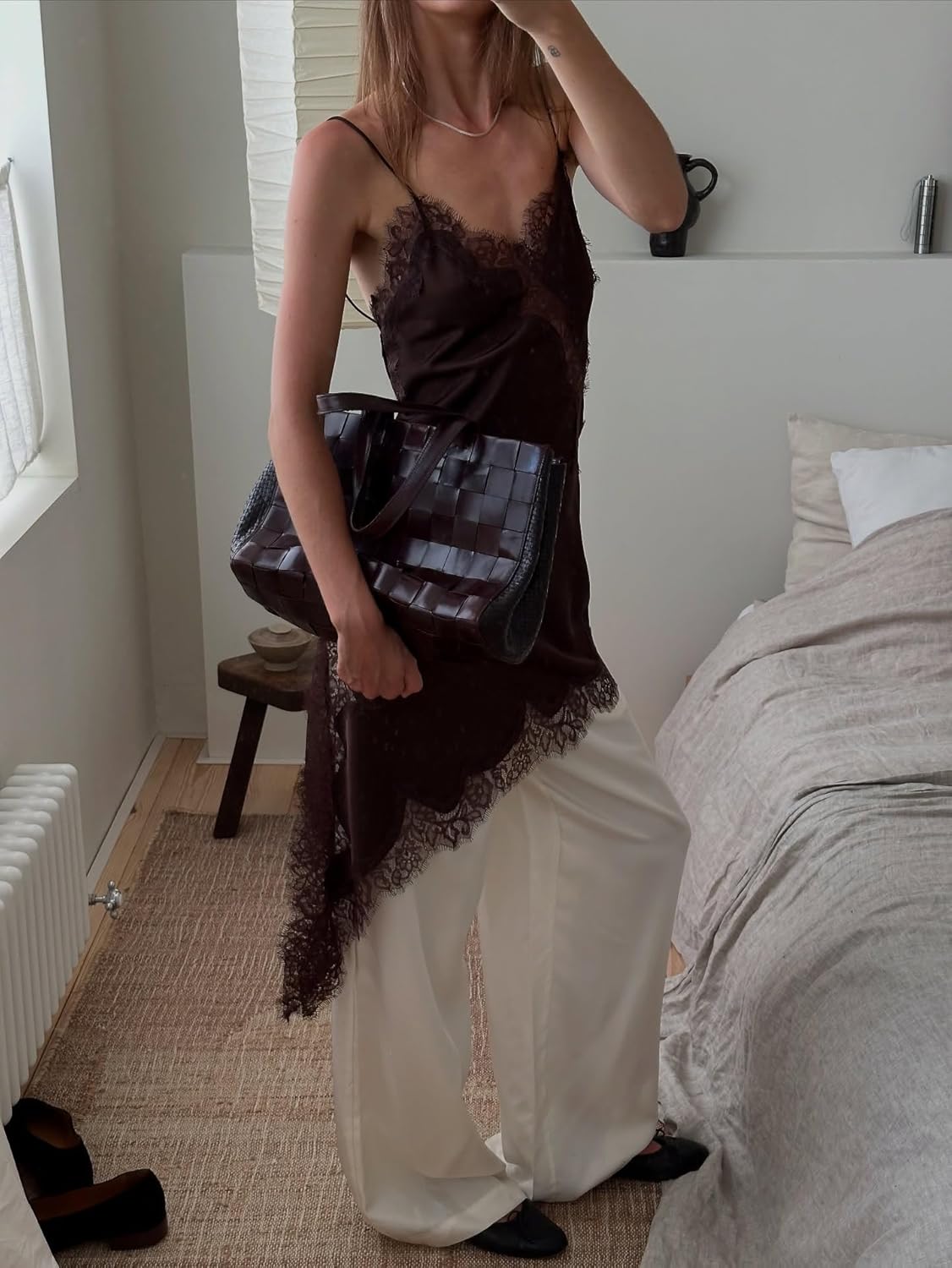 Silk Lace Trim Camisole Tops for Women Satin Layering Asymmetrical Tops Lace Patchwork Cami Tank Slip Dress - Image 3