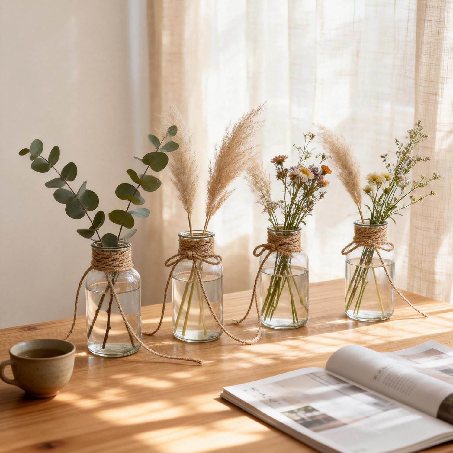 Vintage Glass Flower Vase，with Hemp Rope，12PCS Transparent Glass Flower Vases，for Weddings, Parties & Reception Table Decorations, Home Decor, Floral Arrangements(Transparent, 12 pcs)