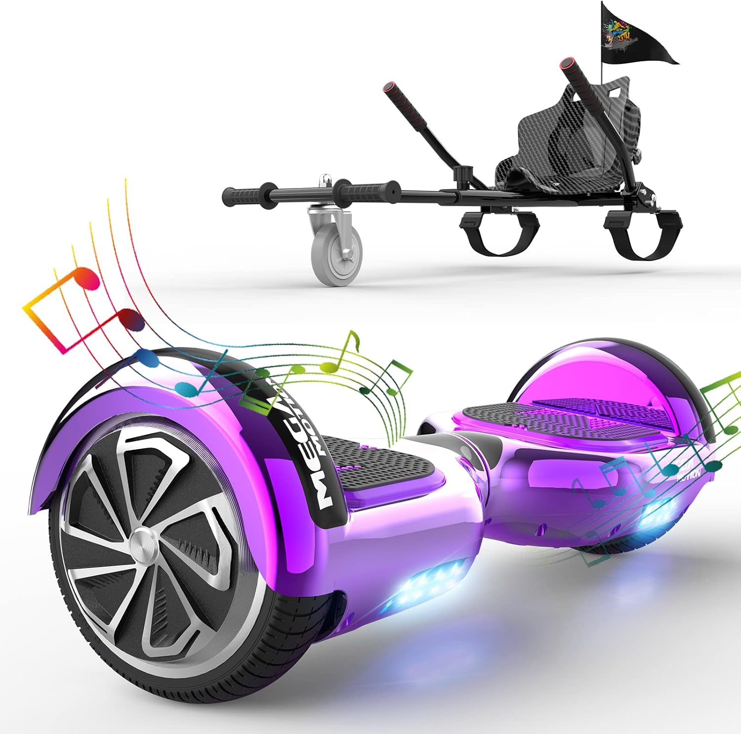 MEGA MOTION Hoverboards con Hoverkart para Niños, Hoverboards 6,5 Pulgadas con Altavoz Bluetooth, con Luces LED, Regalo para Niños