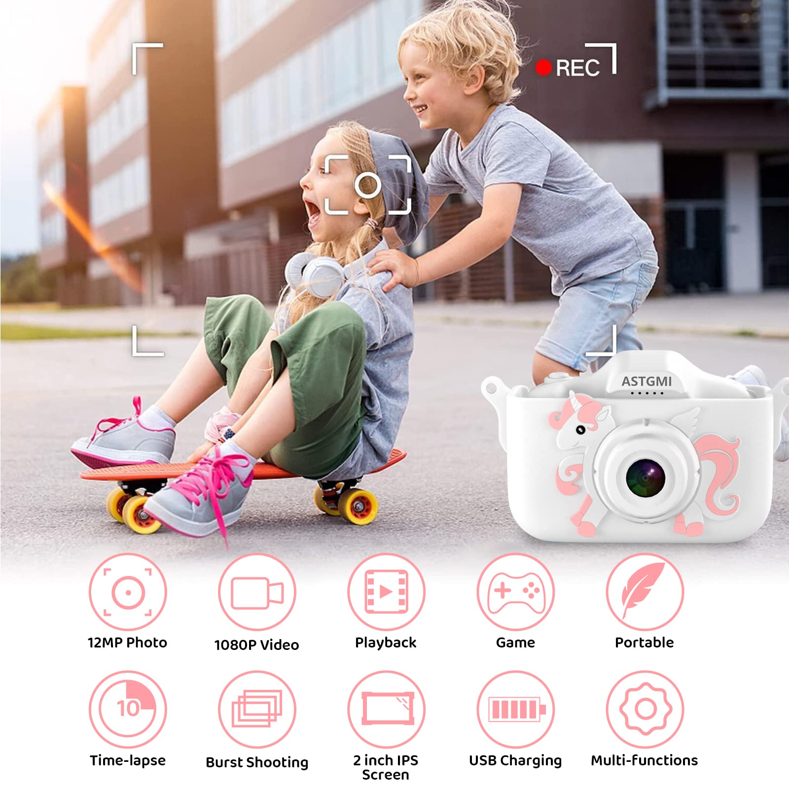 ASTGMI Macchina Fotografica Bambini, 12MP Mini Ricaricabile Fotocamera Digitale Bambina Videocamera Regalo per Ragazze Ragazzi 3-10 Anni, con Scheda 32 GB, Regali Giocattolo di Natale & Compleanno