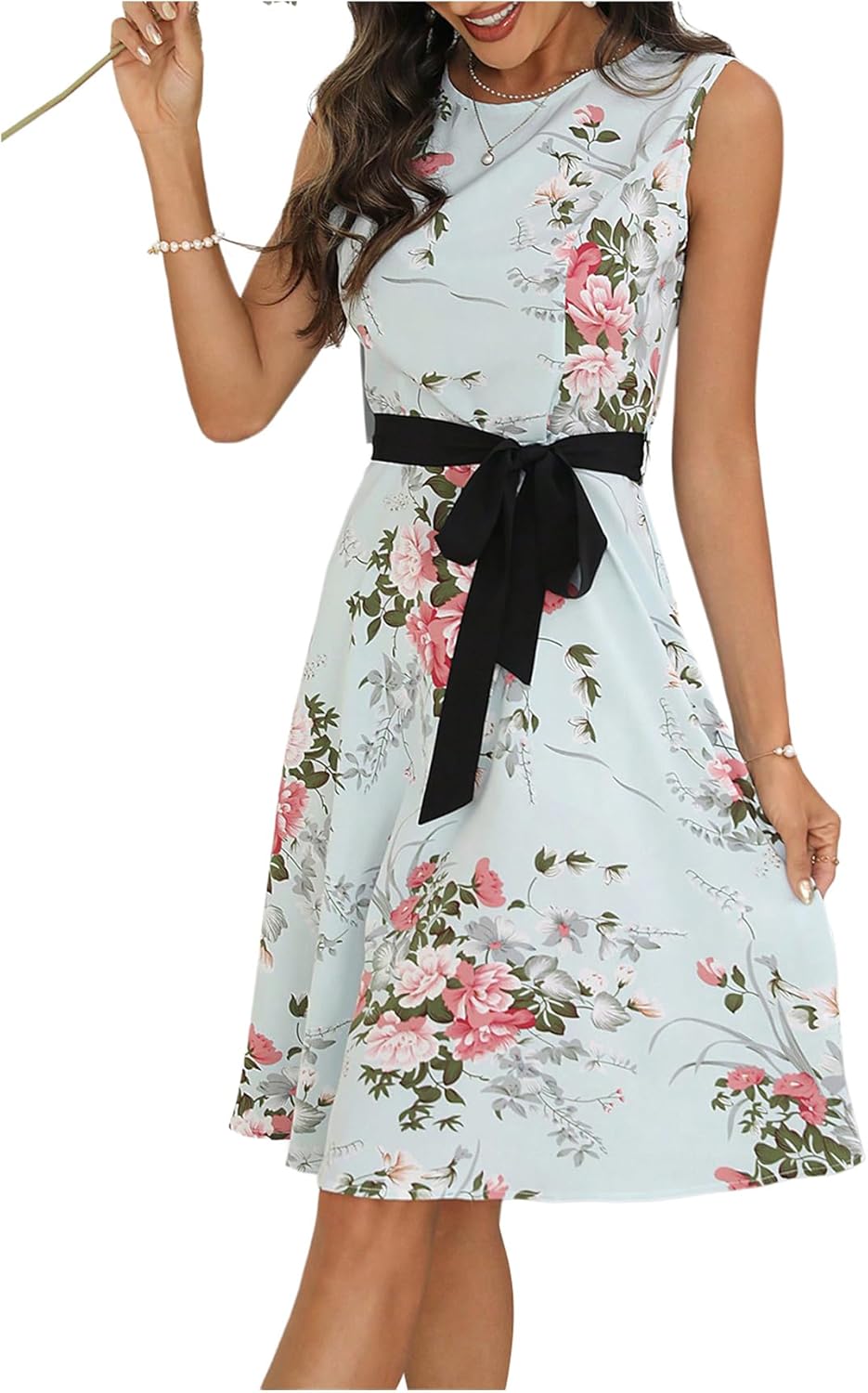 SweatyRocks Women's Floral Print Flared Dress Sleeveless Round Neck Belted A Lined Dresses