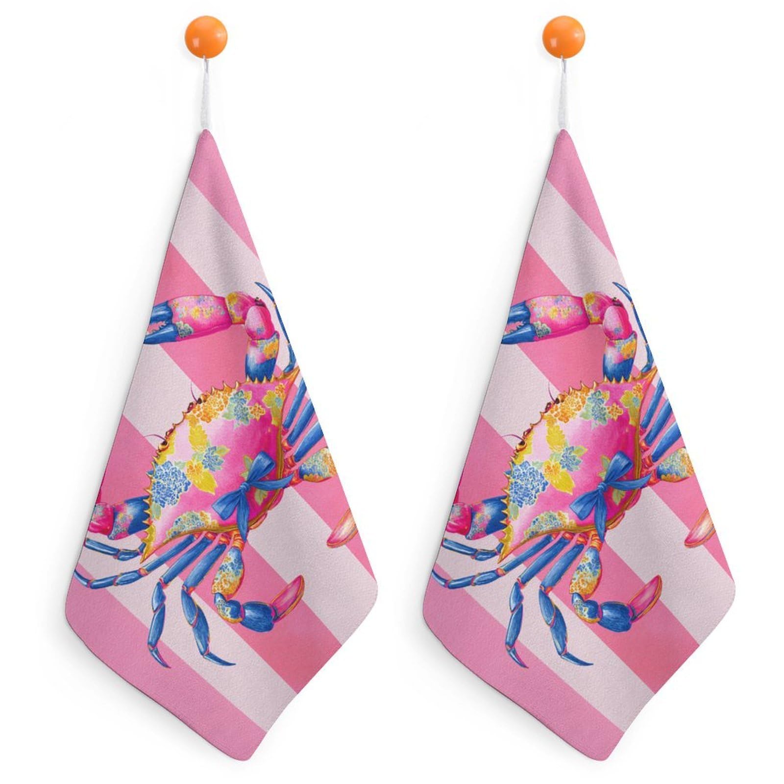 Jubonexis Preppy Neon Pink Crab with Blue Bow Small Hand Towel with Hanging Loop 2 PCS Absorbent Soft Wash Cloth for Kitchen Bathroom
