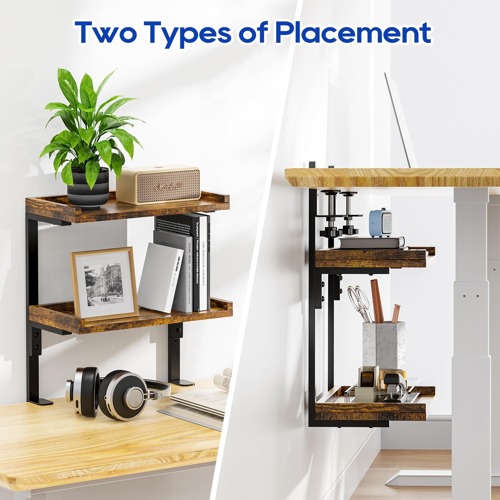 THYGIFTREE Anklemmbares, hochwertiges 40 cm Industrierohr-Tischregal mit 2 Ebenen, robuster Schreibtisch-Erweiterungs-Organizer, modernes Schreibtisch-Ausstellungsregal