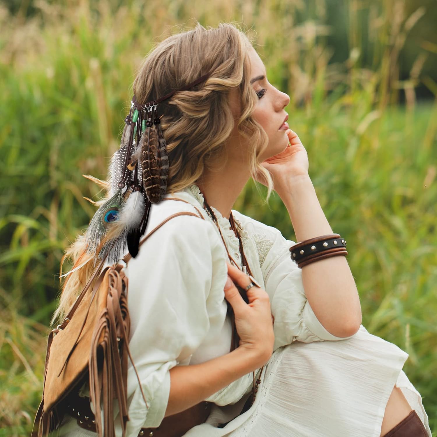 XunYee 3 Pack Feather Hair Clips 1 Boho Feather Headband Hippie Hair Extension with Clip Comb Set for Women Costume (Boho Style)