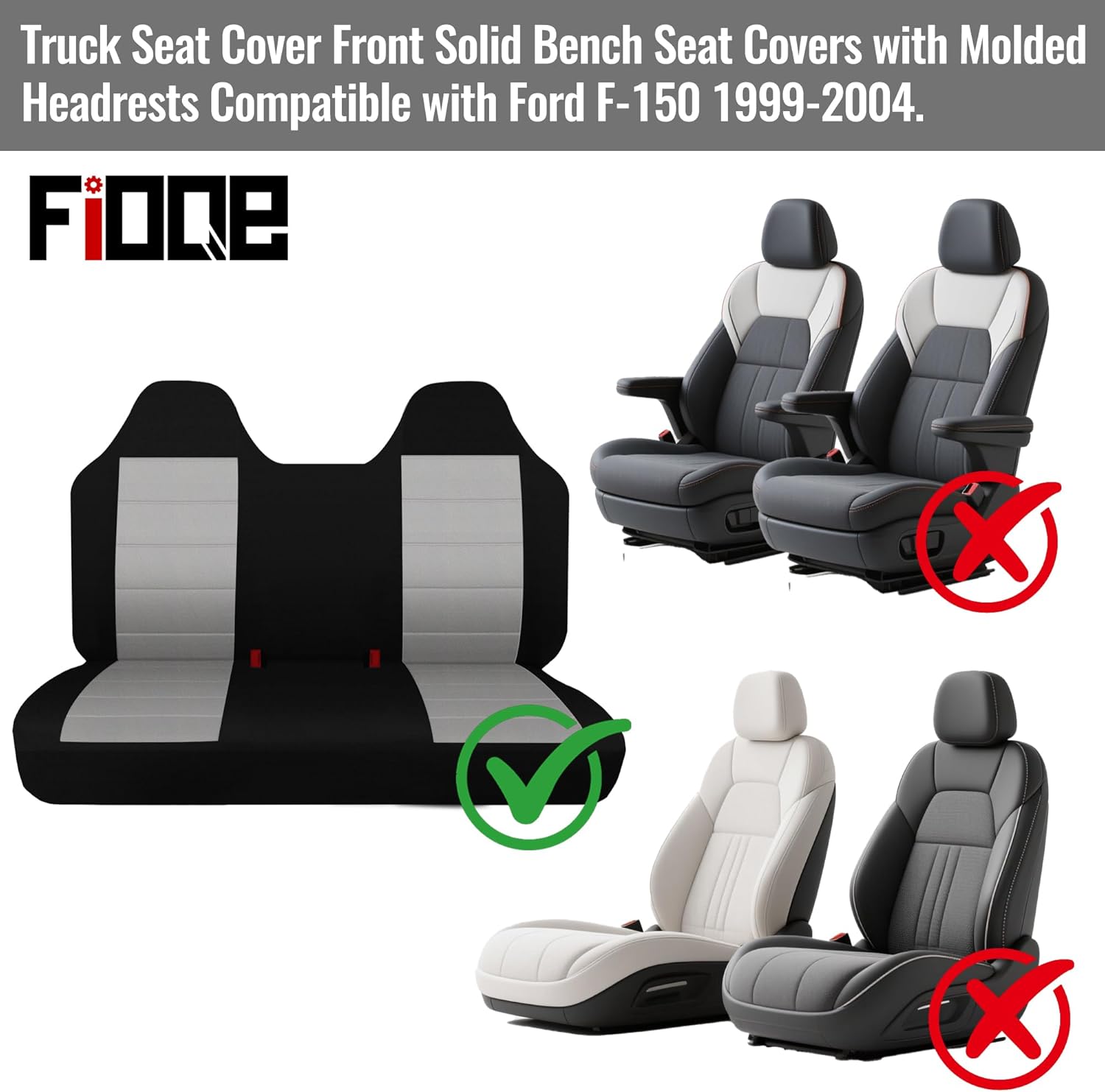Truck Seat Cover Front Solid Bench Seat Covers with Molded Headrests Compatible with Ford F-150 1999 2000 2001 2002 2003 2004 Thickened Oxford Cloth-Gray