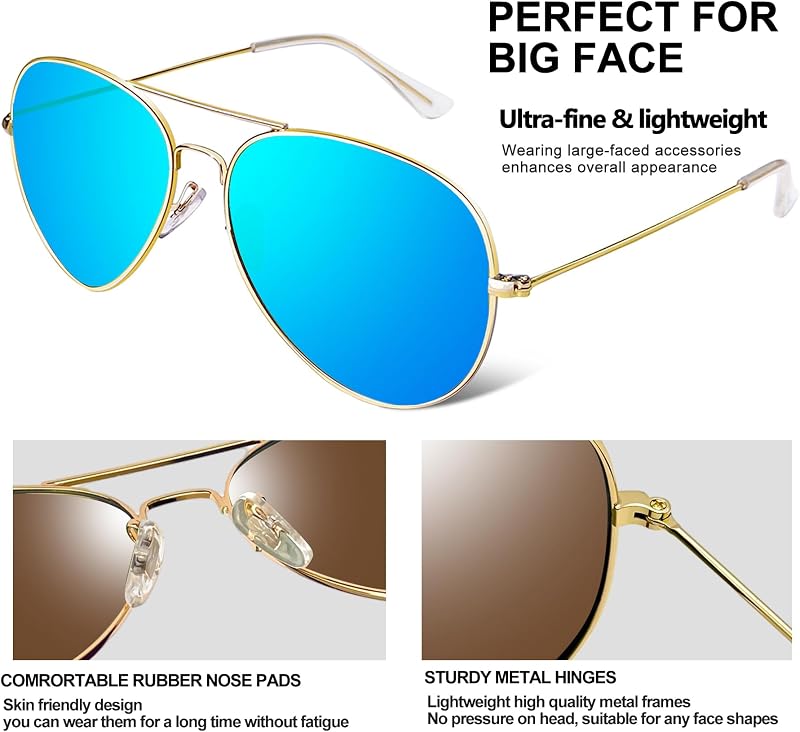 Joopin 3 Pack Oversized Aviator Sunglasses Polarized UV400 Double Bridge | Teardrop, Brow Bar, Wire Metal Frame, TAC Lens, Blue, Pink, Purple, Mirror, Lightweight, Driving, Fishing, Camping, Hiking image 5