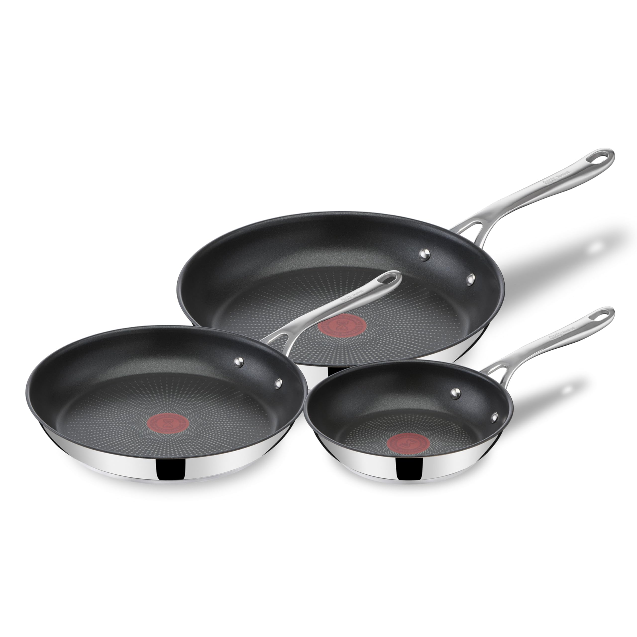 x Jamie Oliver Nonstick Coated Stainless Steel Pans 8", 9.5" & 11", Frypan Set Induction Compatible, Oven Safe up to 500°F, Chef's Stainless Steel Skillet, Frying Pan, Silver
