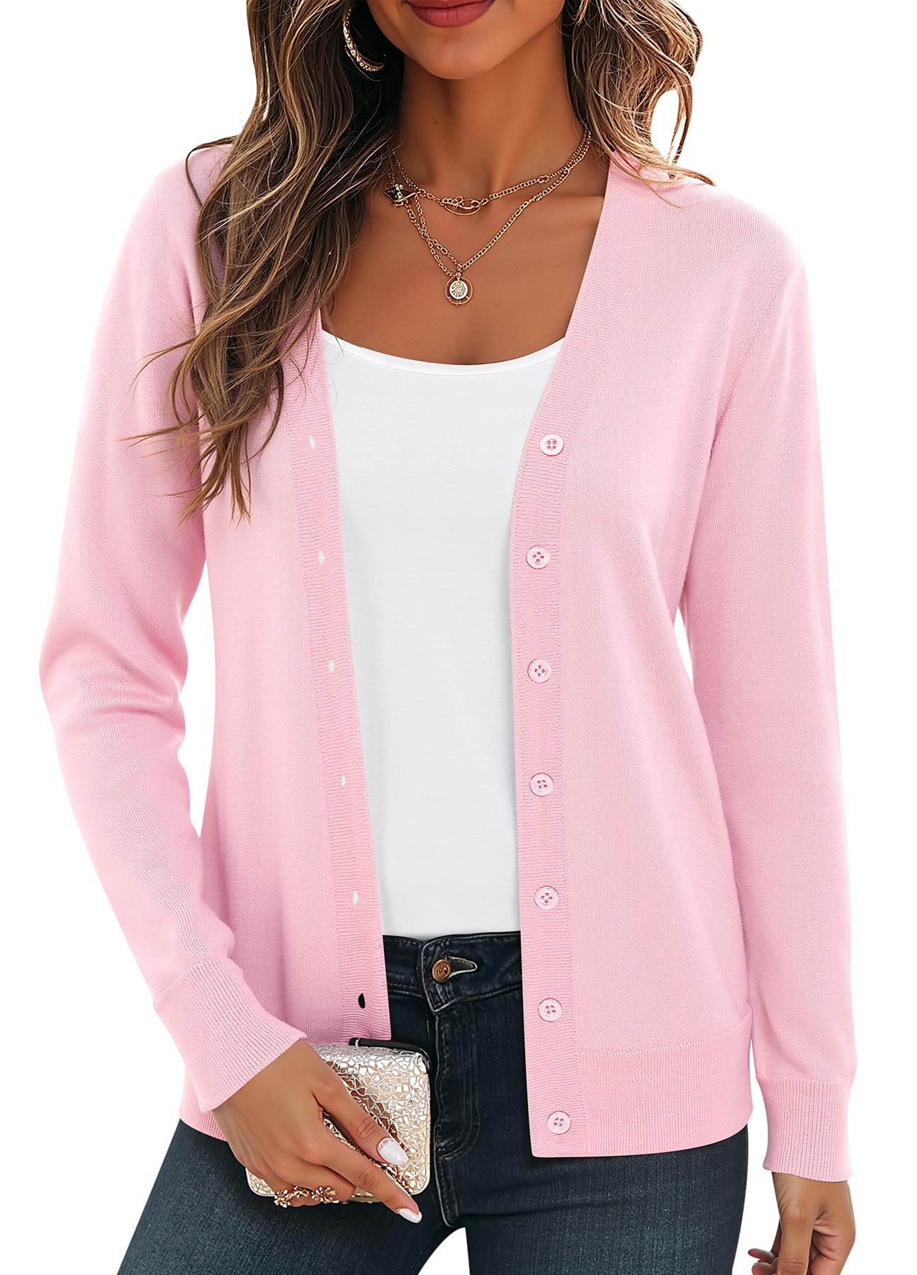 BEIGAI Cardigan léger à manches longues pour femme avec col en V - Cardigan classique vintage avec bouton