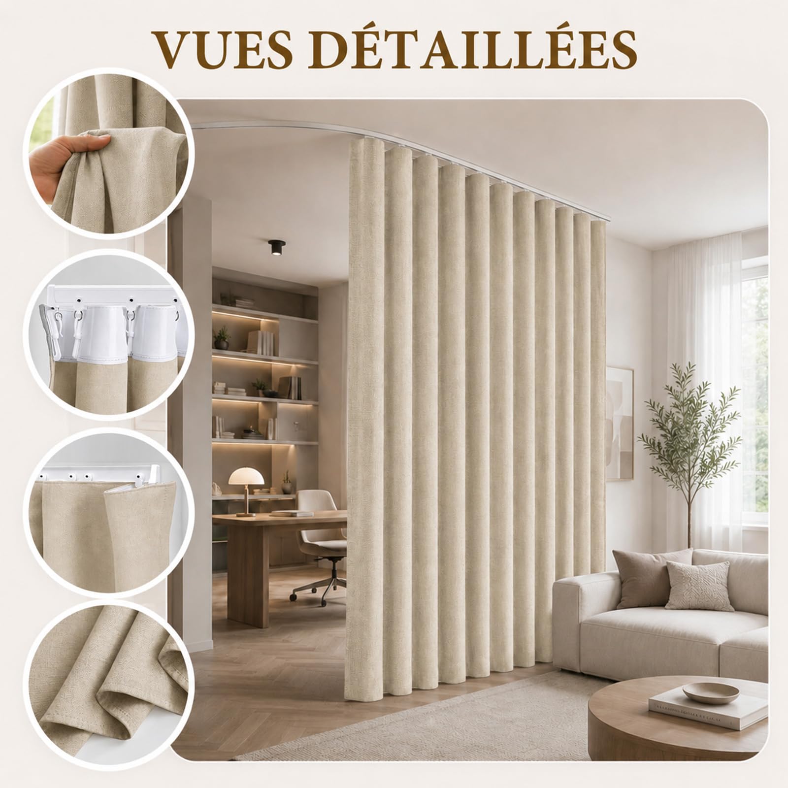 100% Occultant 264 cm Extra Large Rideau Séparateur de Pièce avec Rail | Effet Lin Rideaux Occultants Thermique, Kit Complet avec Rail Cintrable, Isolation Phonique pour Salon, Chambre, H274cm Kaki