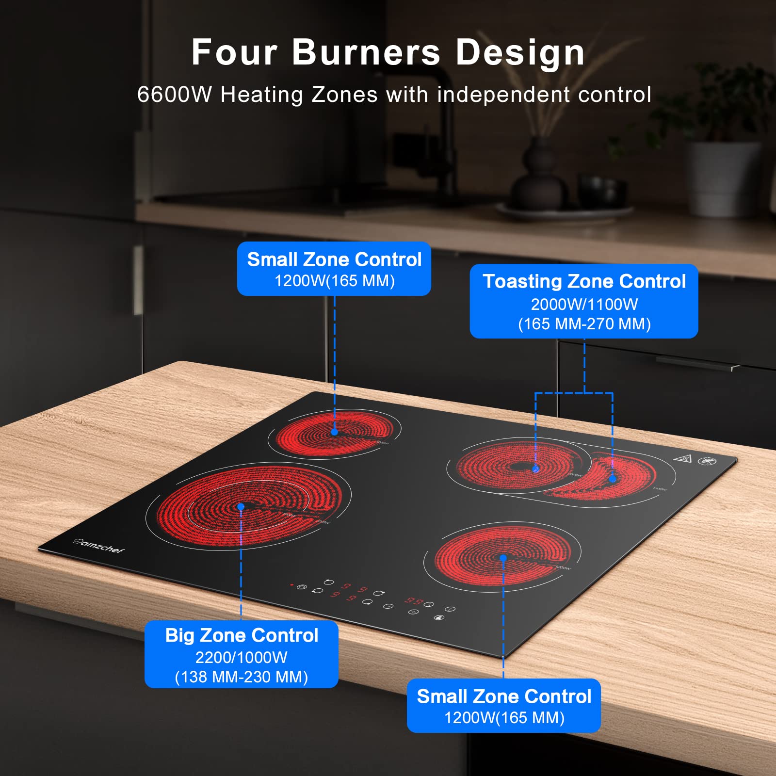 AMZCHEF Piano cottura in vetroceramica, 6600 W elettrico con 4 fuochi, 9 livelli di potenza, doppia zona, zona tostatura, funzione di pausa, controllo touch scorrevole, blocco bambini