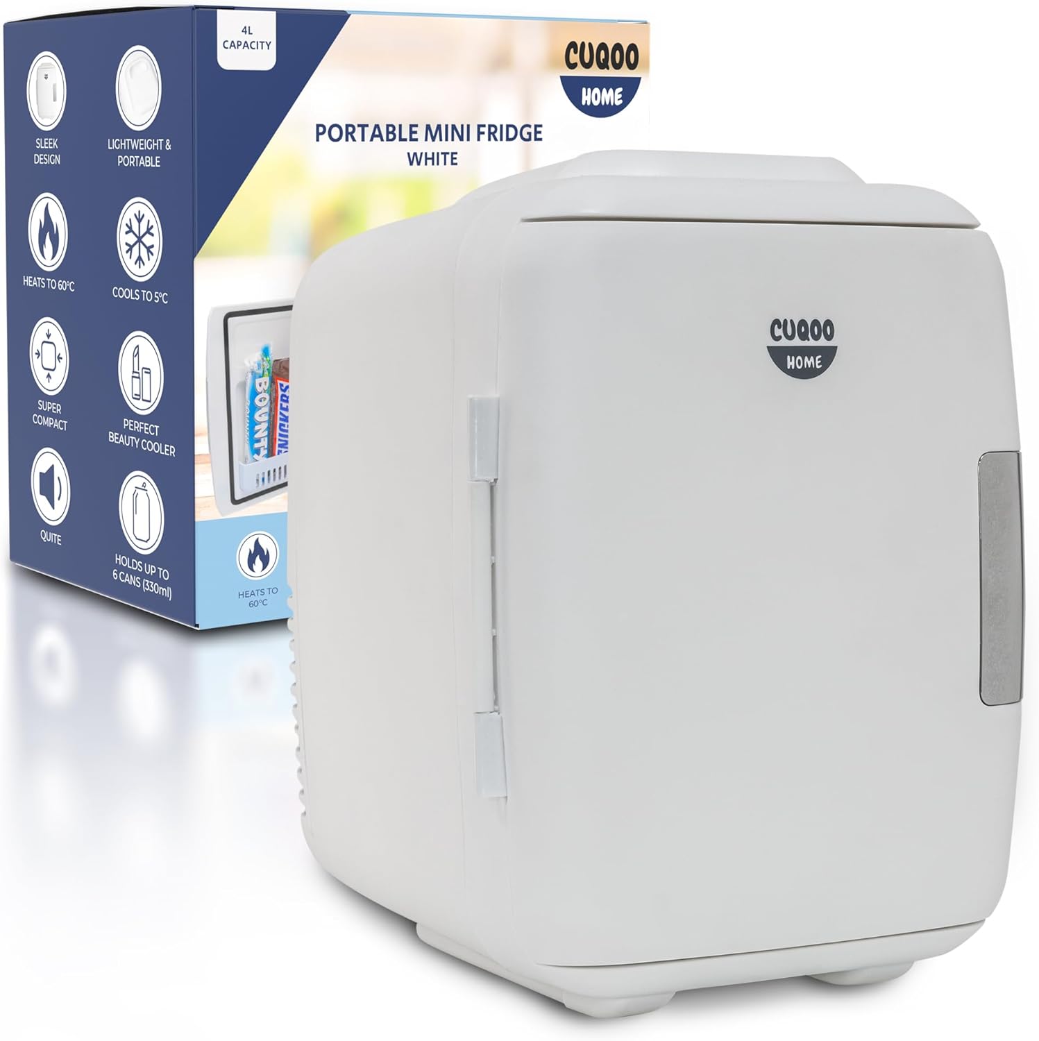 CUQOO 4L Portable Mini Fridge for Bedrooms Quiet White Luxury Table