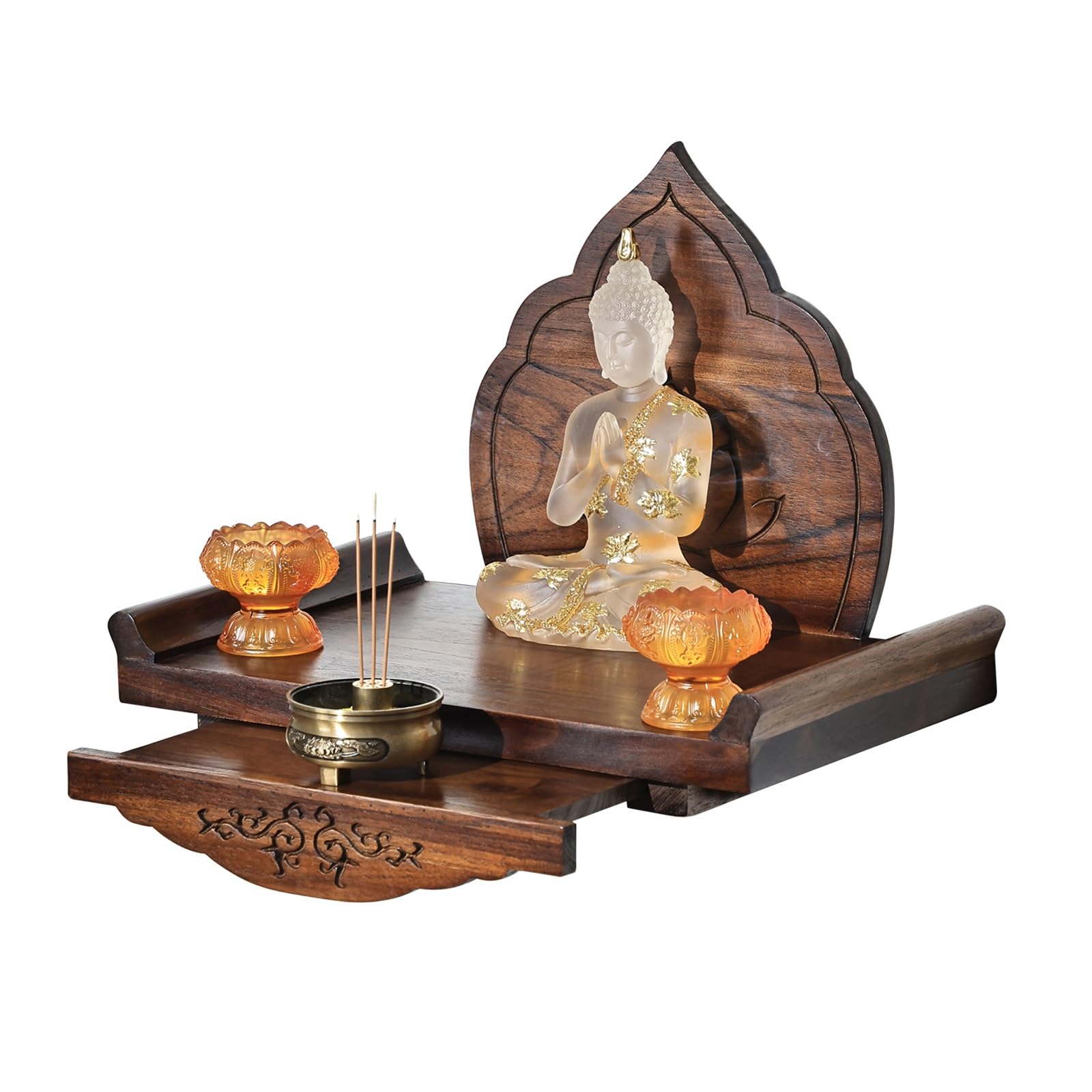 JNTFNE Wall-Mounted Buddha Statue Stand, Altar Shelf Stand with Lotus Back Panel, Meditation Table Retractable Tray, Buddhist Altar, for Incense, Idols, Worship Supplies