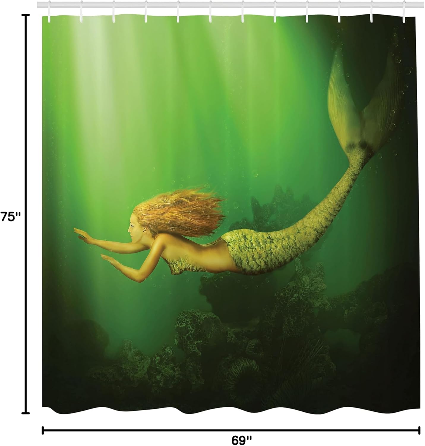 Ambesonne Mermaid Shower Curtain, Girl Fish Tail Swimming in The Deep Sea Fantasy World Art Print, Cloth Fabric Bathroom Decor Set with Hooks, 69" W x 75" L, Dark Green Ginger Green