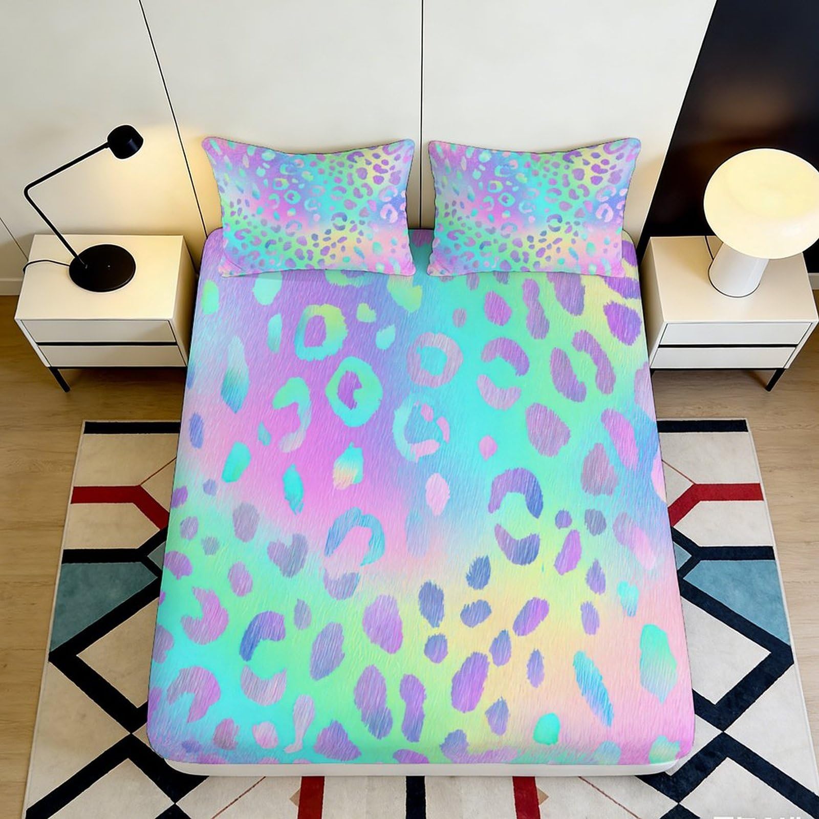 3D Printed Multicolor Leopard Fitted Sheet Microfiber Soft Breathable Gradient Bed Cover for Bedroom Dormitory Guest Room Mattress Protection 120x200x25cm
