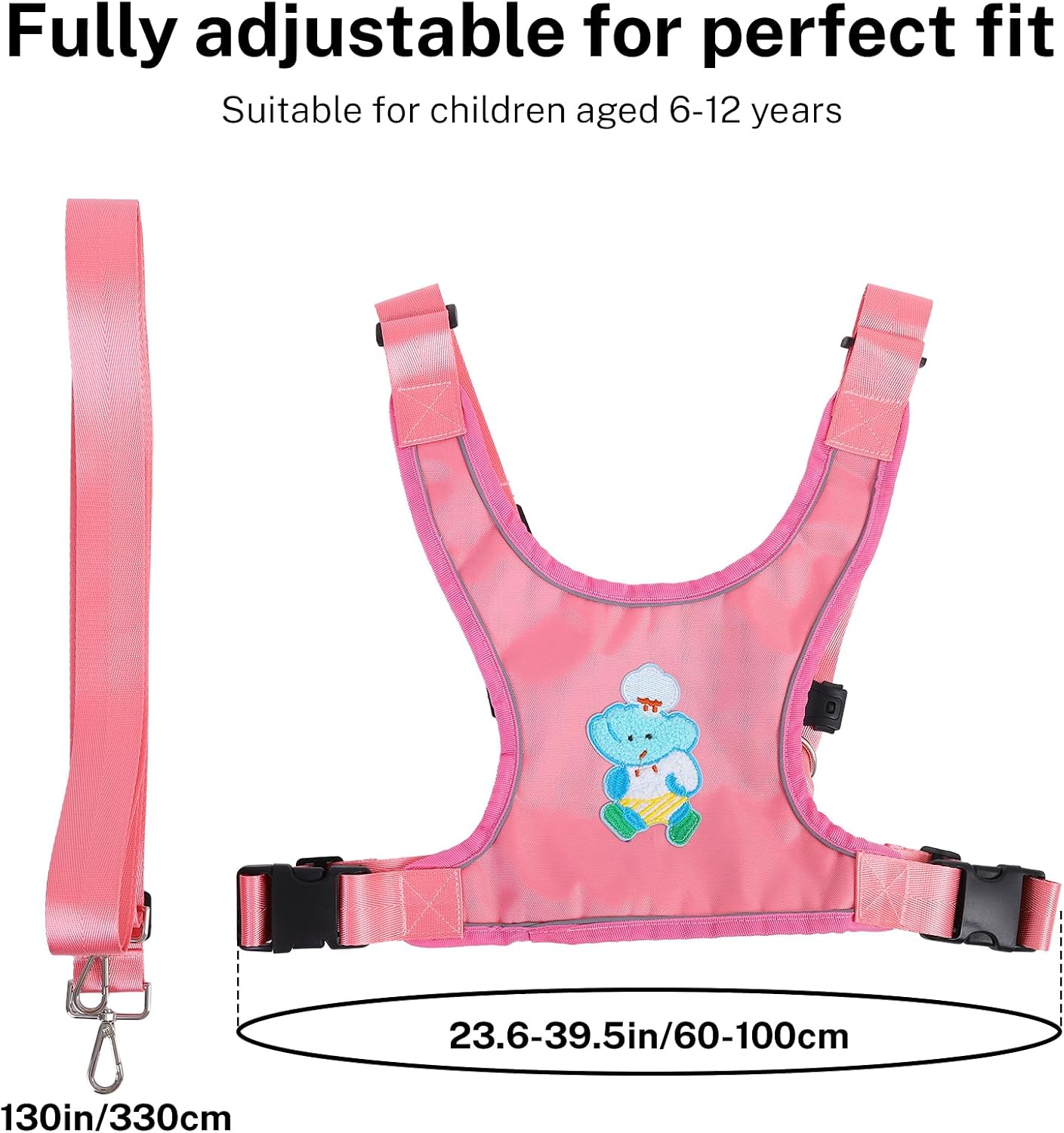 ENLUNTRA Safety Walking Harness with Leash for Older Kids 6–12 Years, Elopement Harness with Light Reflector and Grab Handle for Active Children, Adjustable Tether Leash, Travel and Crowds (Pink)