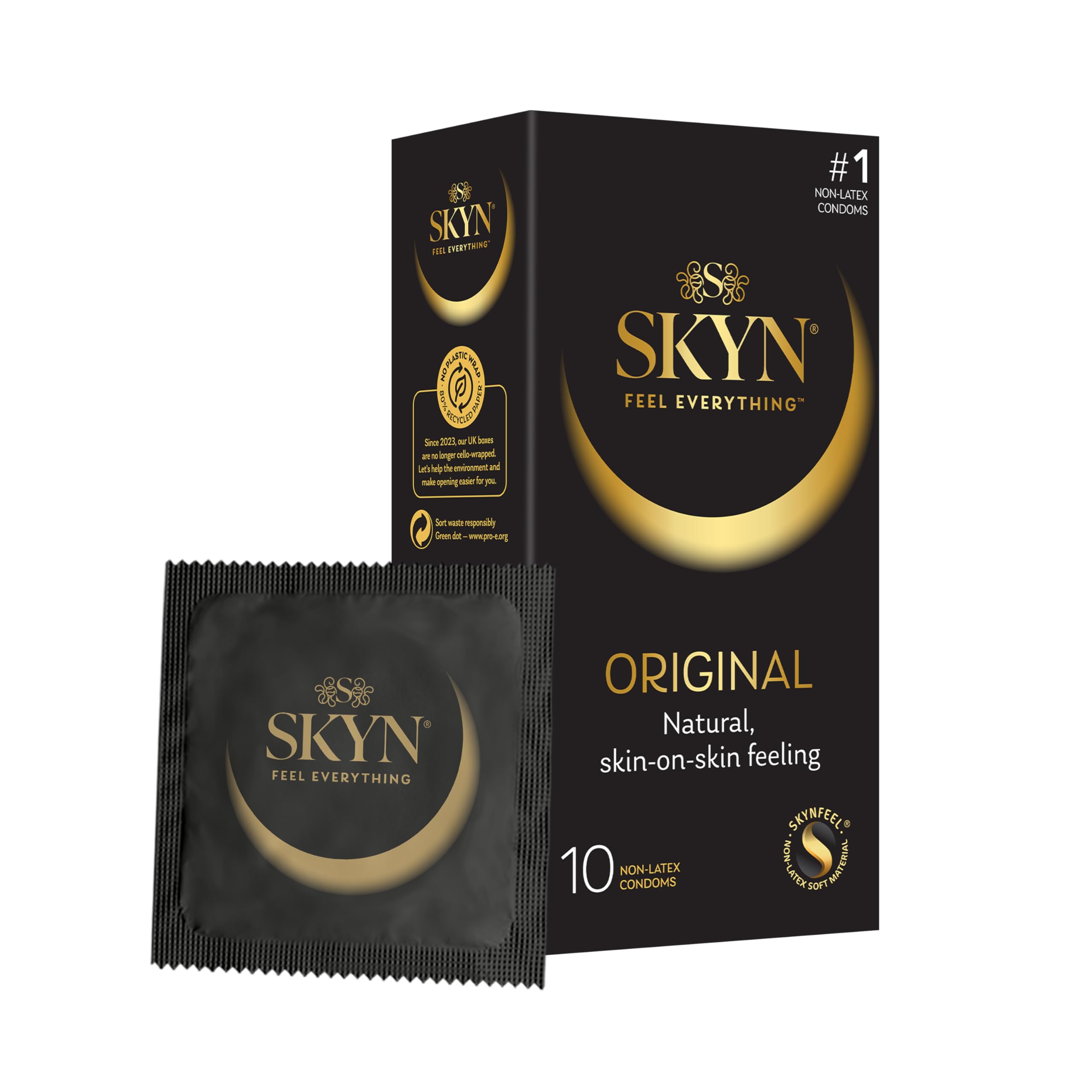 SKYN Original Condoms Pack of 10 SKYNFEEL Latex Free Condoms for Men, Regular Size, Strong & Thin, Smooth Straight Shape, Lubricated, 53mm Wide